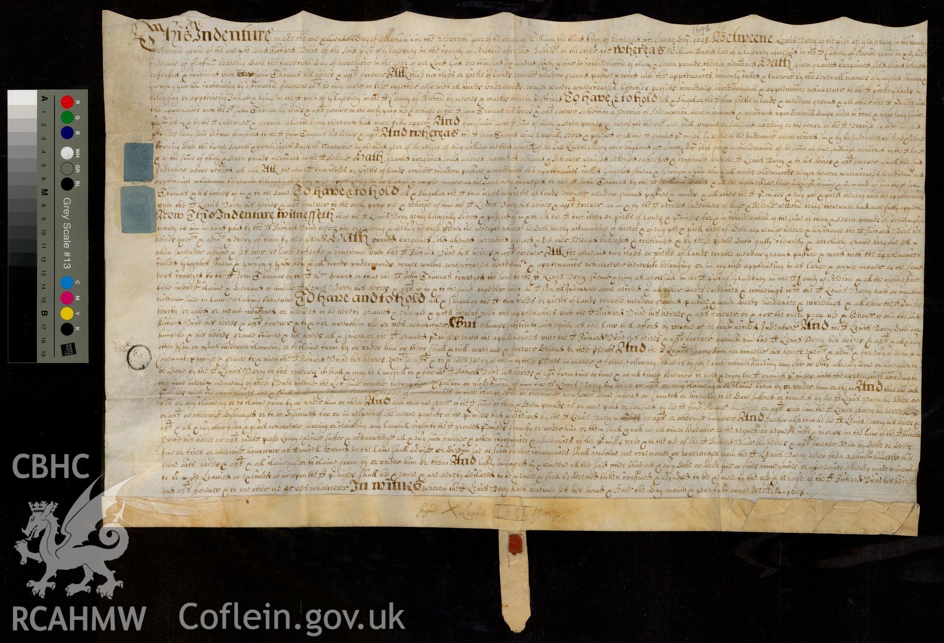 Indenture scrolls of Maes-yr-onen Chapel, loaned for copying by the United Reform Church. Scroll dated March 1741.