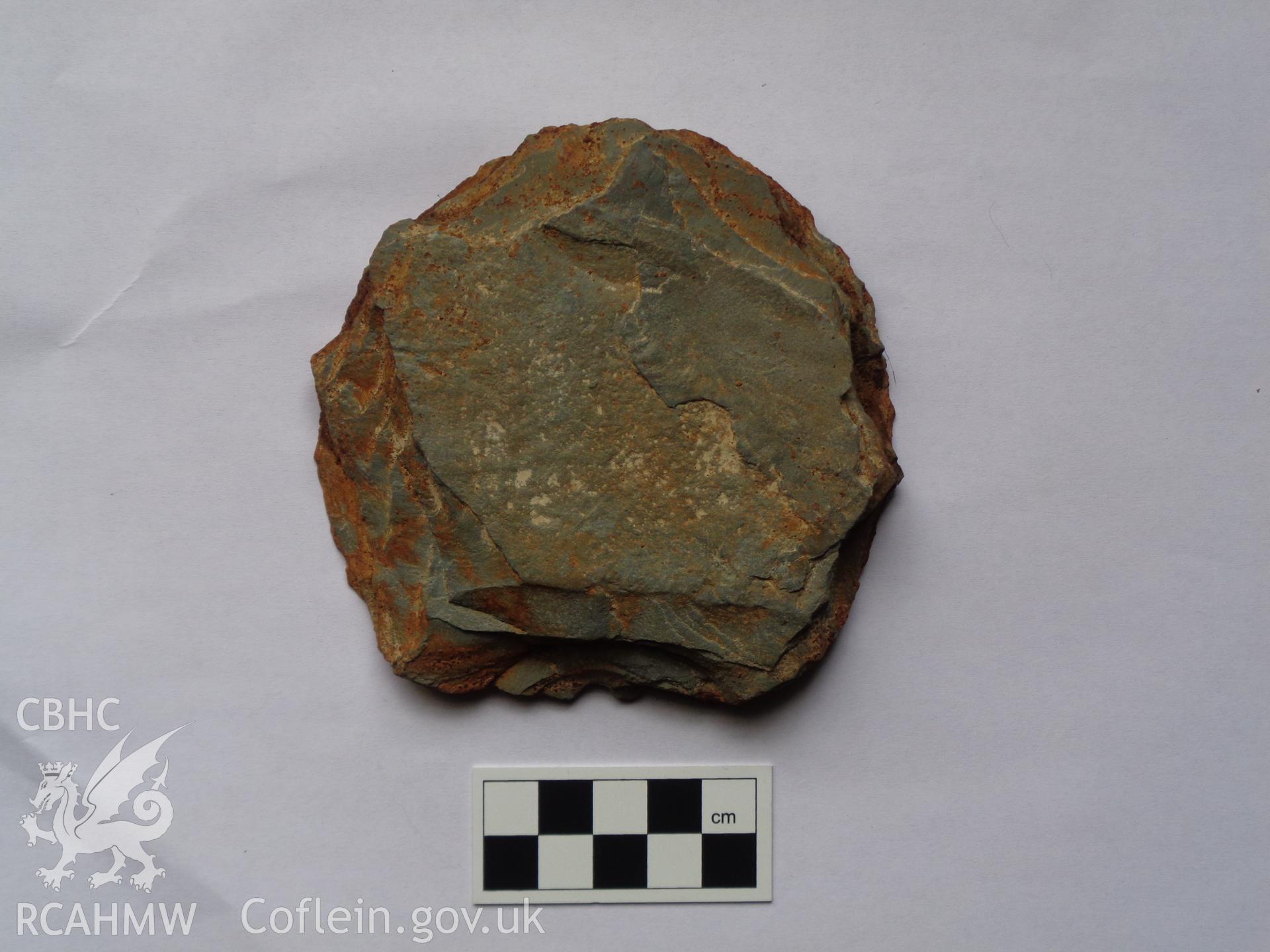 Photographic record of pot lid (side A) found during archaeological work at Gogerddan Campus, Aberystwyth carried out by Archaeology Wales, 2016-2017. Project No 2460.