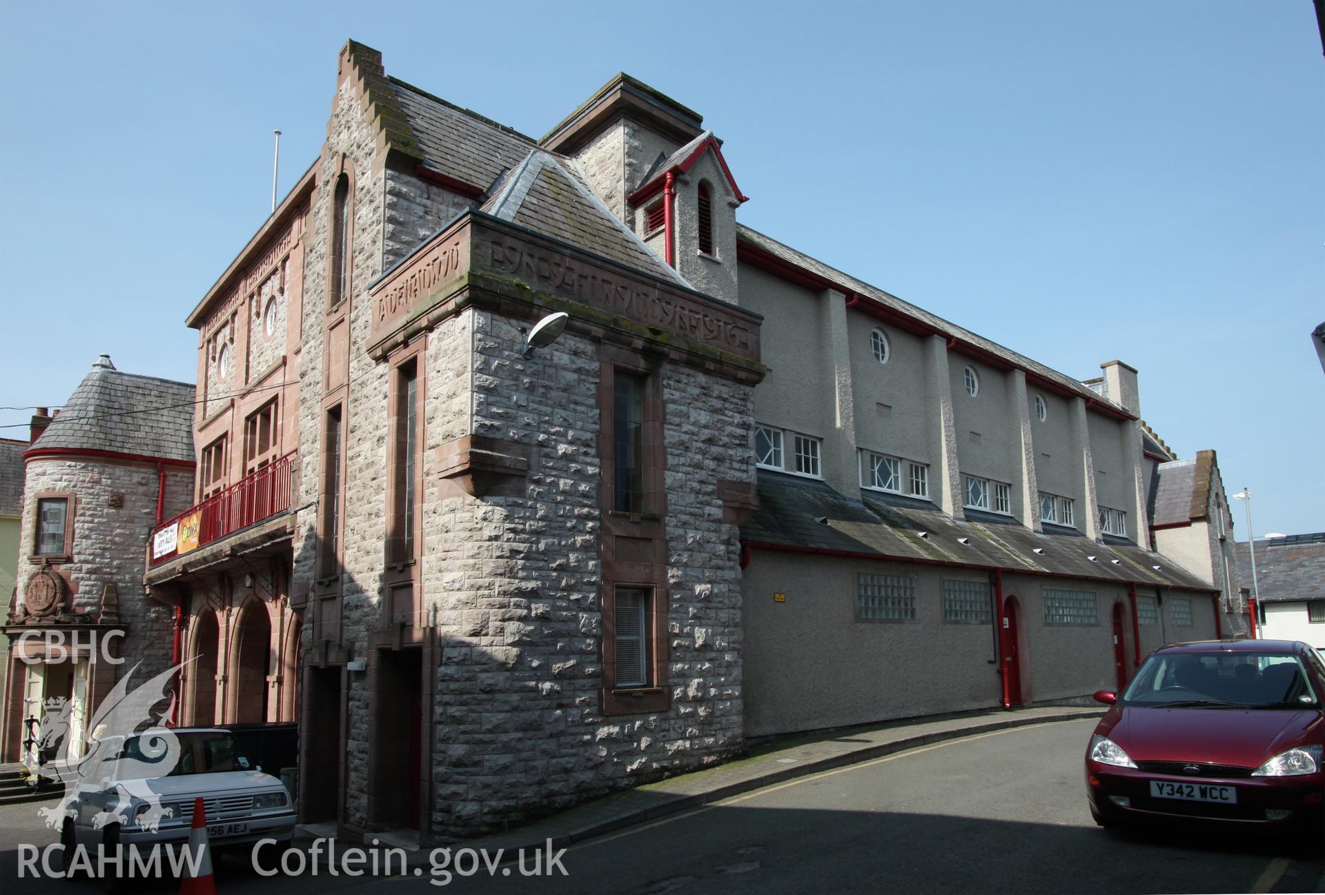 Digital colour photograph showing exterior side and front elevation of Denbigh Town Hall. Photographed during survey conducted by Sue Fielding on 20th July 2010.