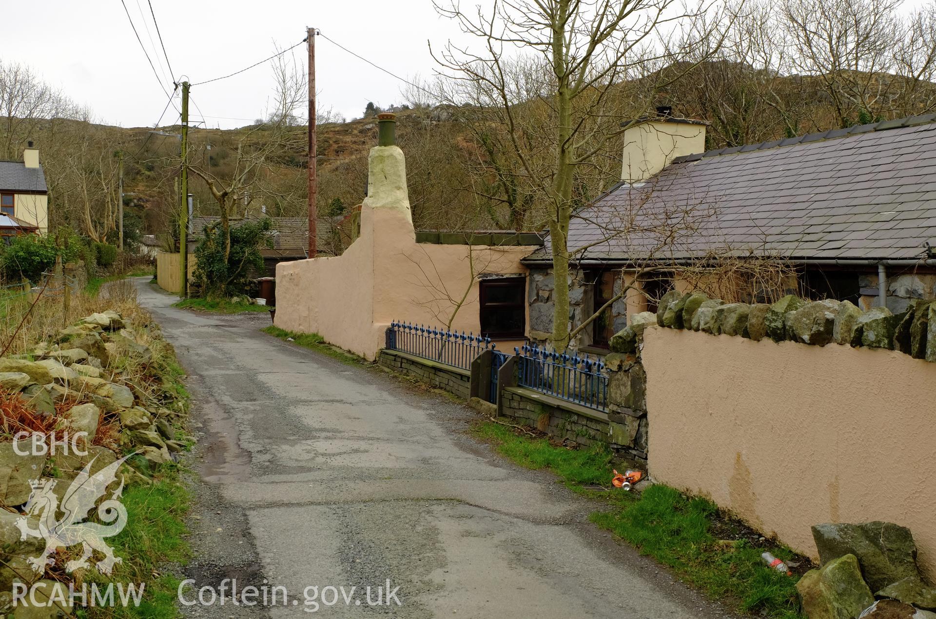 Colour photograph showing view looking south east at line of the Dinorwic Railway, Clwt-y-bont, Deiniolen, produced by Richard Hayman 2nd March 2017