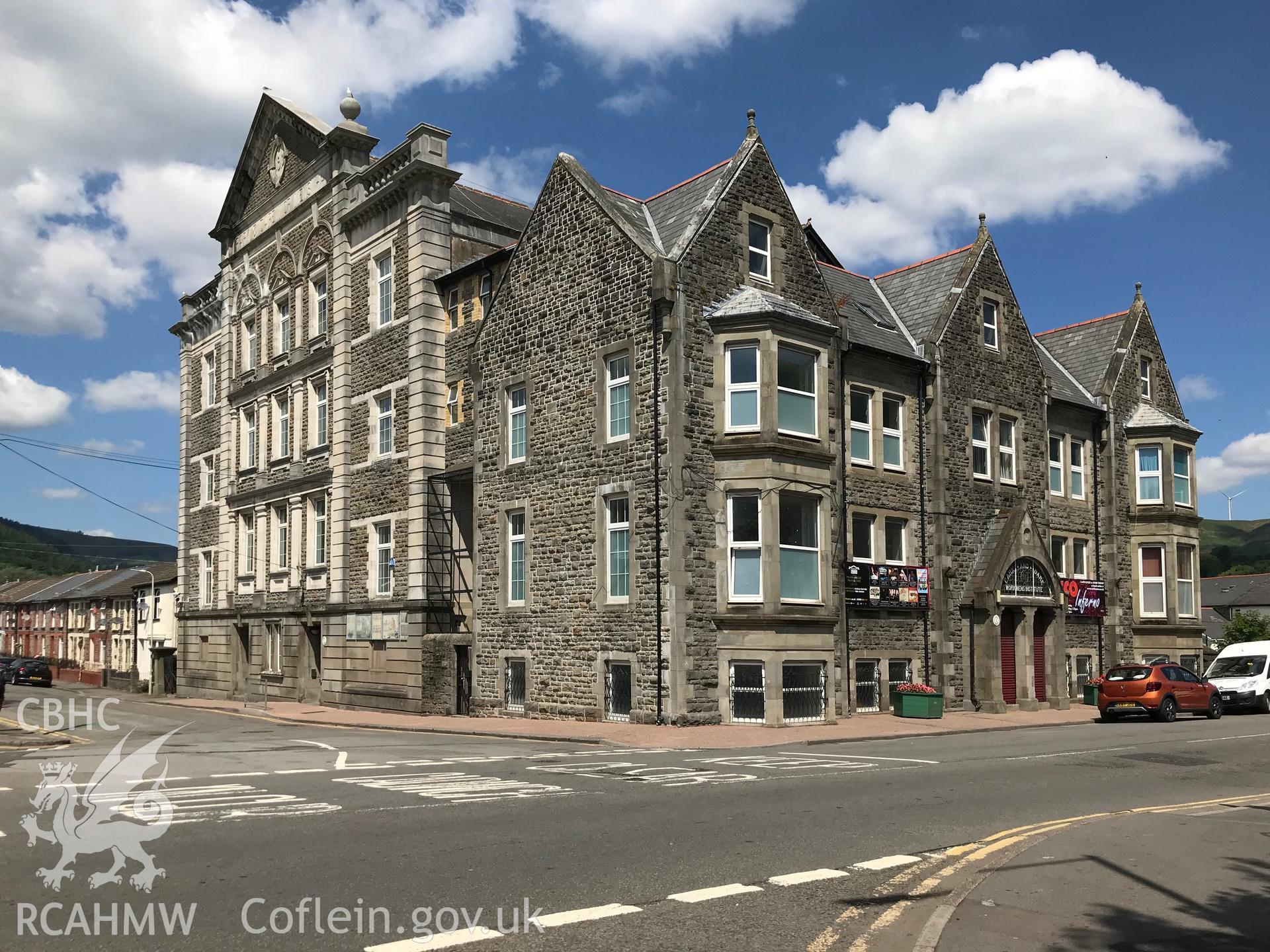 Exterior view of Parc and Dare Workmen's Hall and Institute, now Park and Dare Theatre, Treorchy. Colour photograph taken by Paul R. Davis on 8th July 2018.
