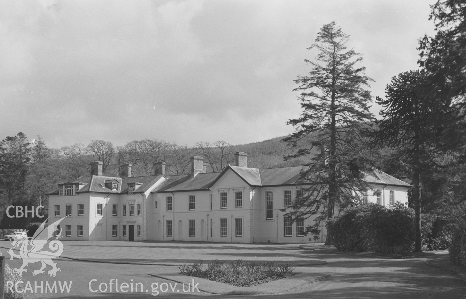 Digital copy of a black and white negative showing view of the front elevation of Plas Gogerddan. Photographed by Arthur O. Chater on 6th April 1968, looking south east from Grid Reference SN 628 836.