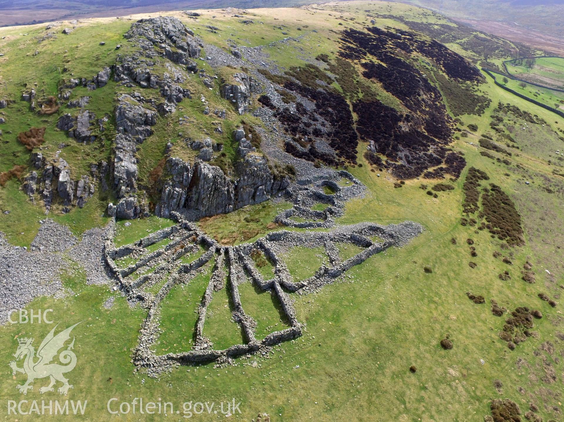 Colour photo showing aerial view of multicellular sheepfold complex at Garreg Fawr, Llanfairfechan, taken by Paul R. Davis, 19th April 2018.