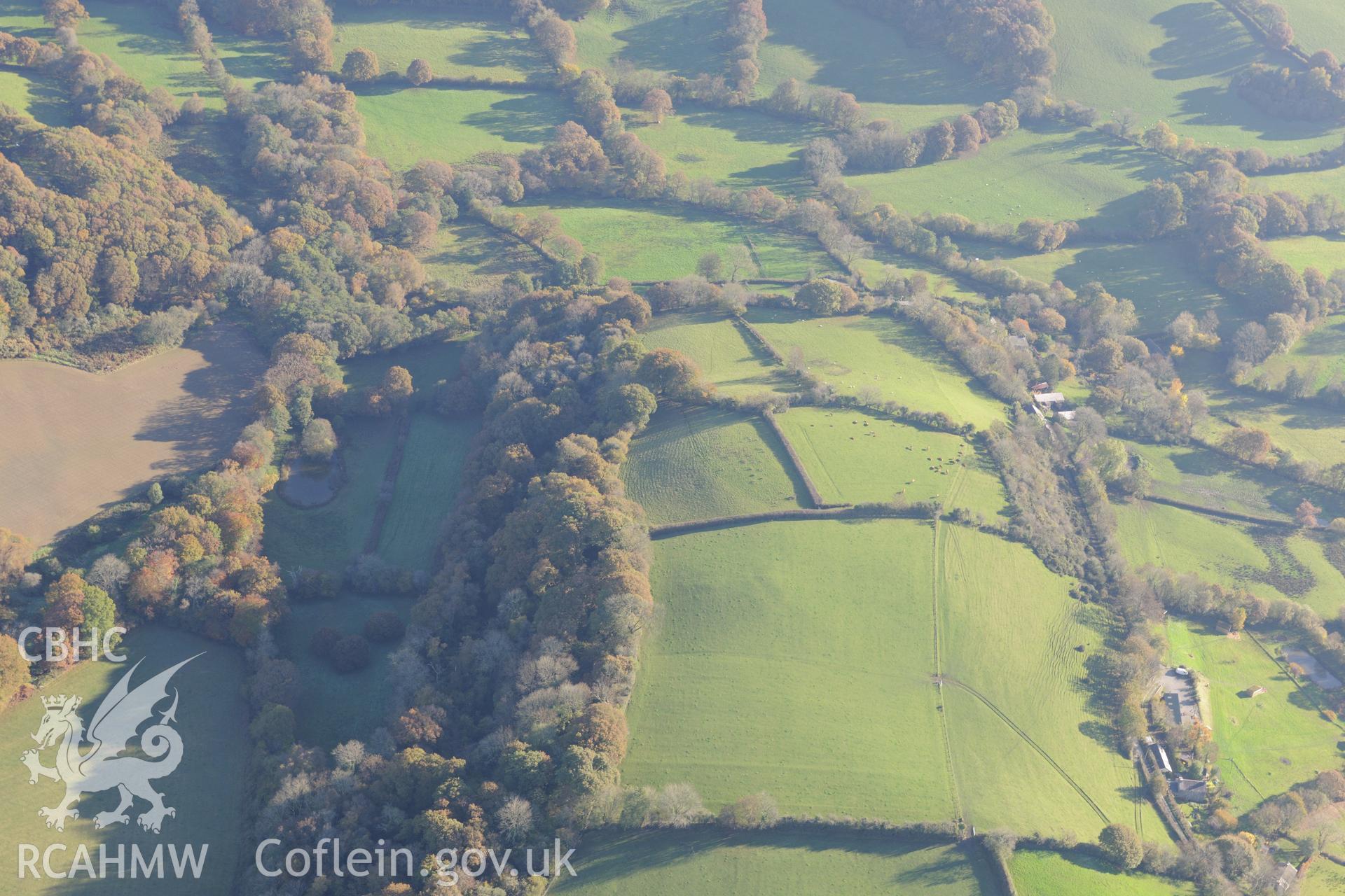 Bronfre-Ganol Hillfort, half a mile south west of Ciliau Aeron. Oblique aerial photograph taken during the Royal Commission's programme of archaeological aerial reconnaissance by Toby Driver on 2nd November 2015.