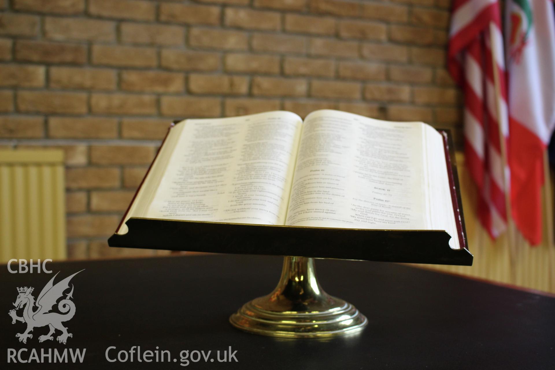 Colour photograph showing detail of the bible at the Riverside chapel, Port Talbot. Photographed during survey conducted by Geoff Ward on 5th July 2016.