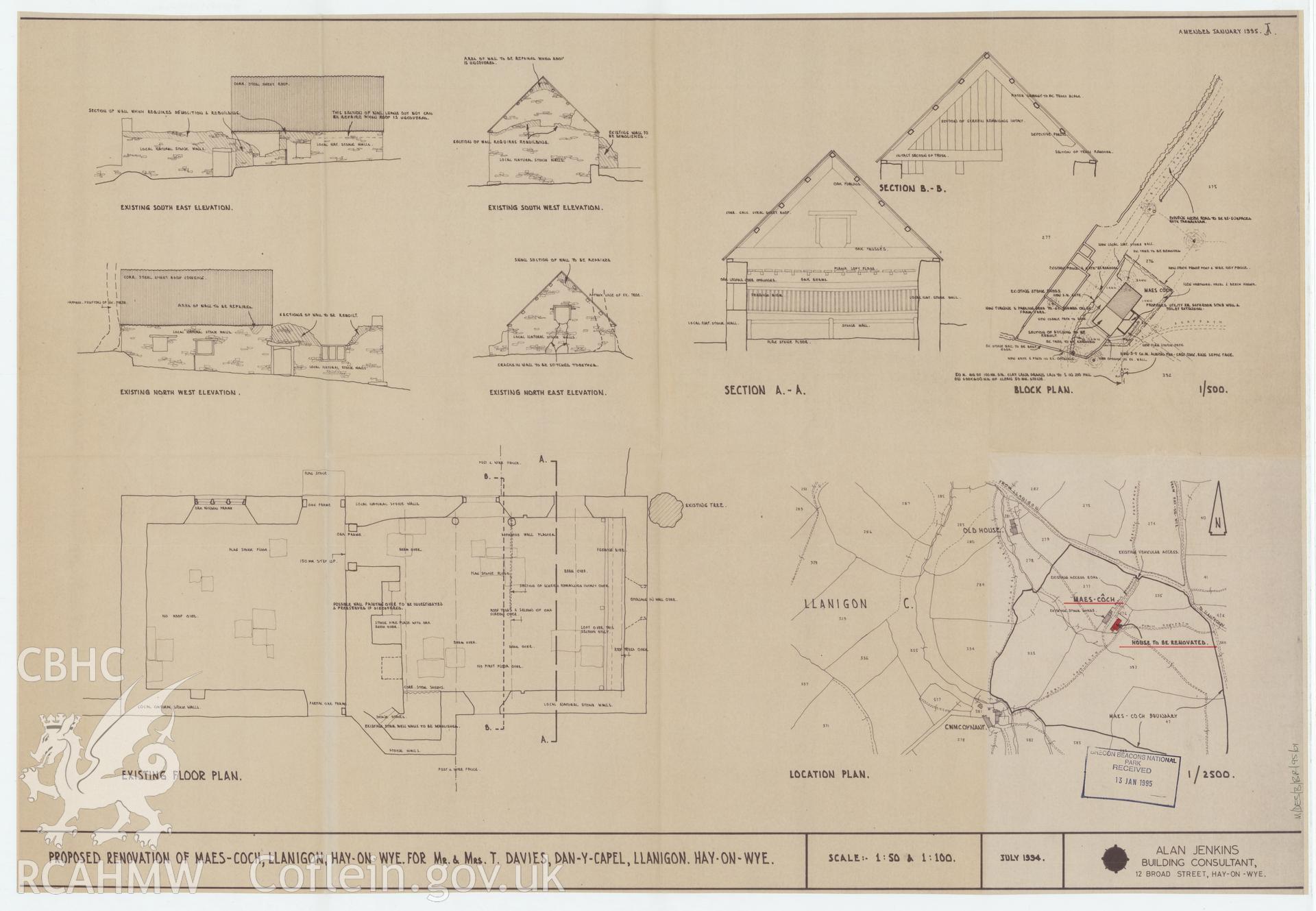 Digital copy of a measured survey comprising plan, elevation and map of Maes Coch House produced by Alan Jenkins Building Consultant ref.M/DES/B/BR/95/01.