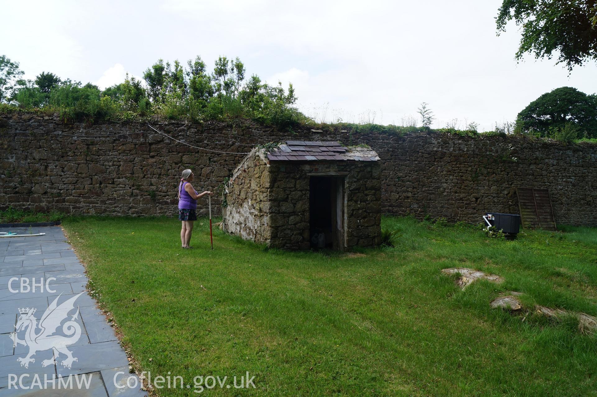 View 'looking west at the small stone-built structure to the north of Robeston House.' Photograph & description by Jenny Hall & Paul Sambrook of Trysor, 22nd June 2017.