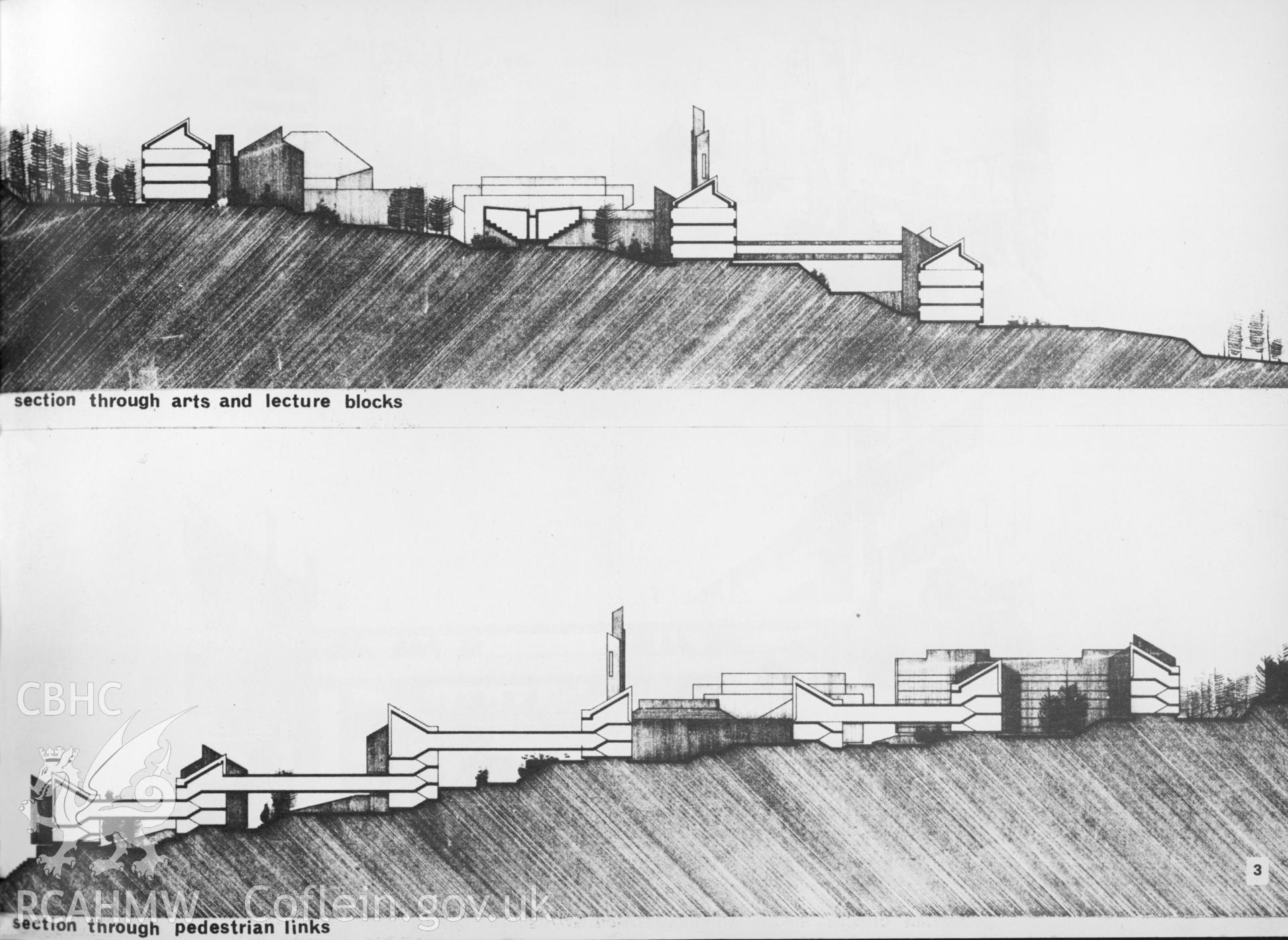 Digital copy of a development drawing of Aberystwyth University taken from page 3 of a document in the Percy Thomas Archive.