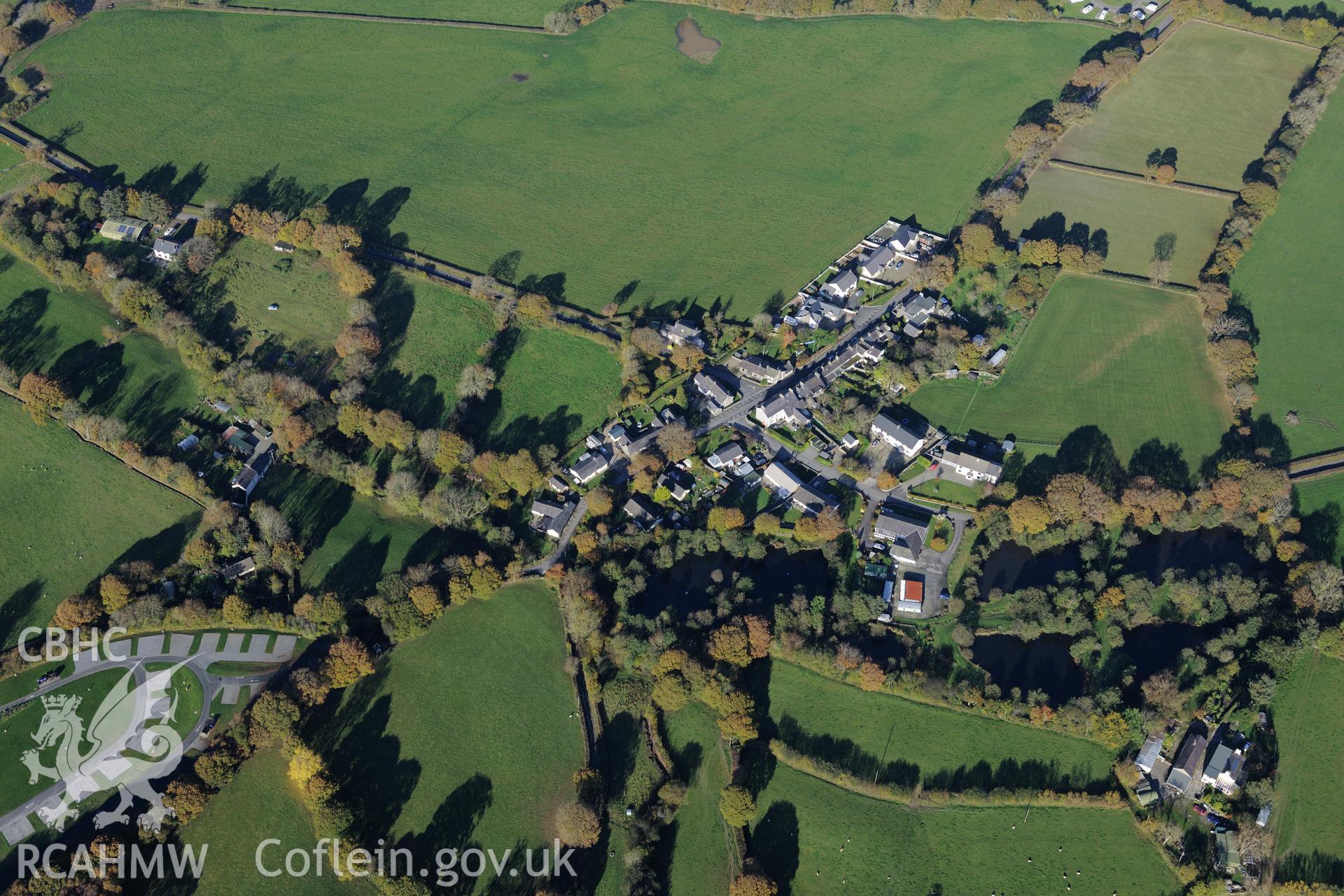 The village of Derwen Gam (Oakford). Oblique aerial photograph taken during the Royal Commission's programme of archaeological aerial reconnaissance by Toby Driver on 2nd November 2015.