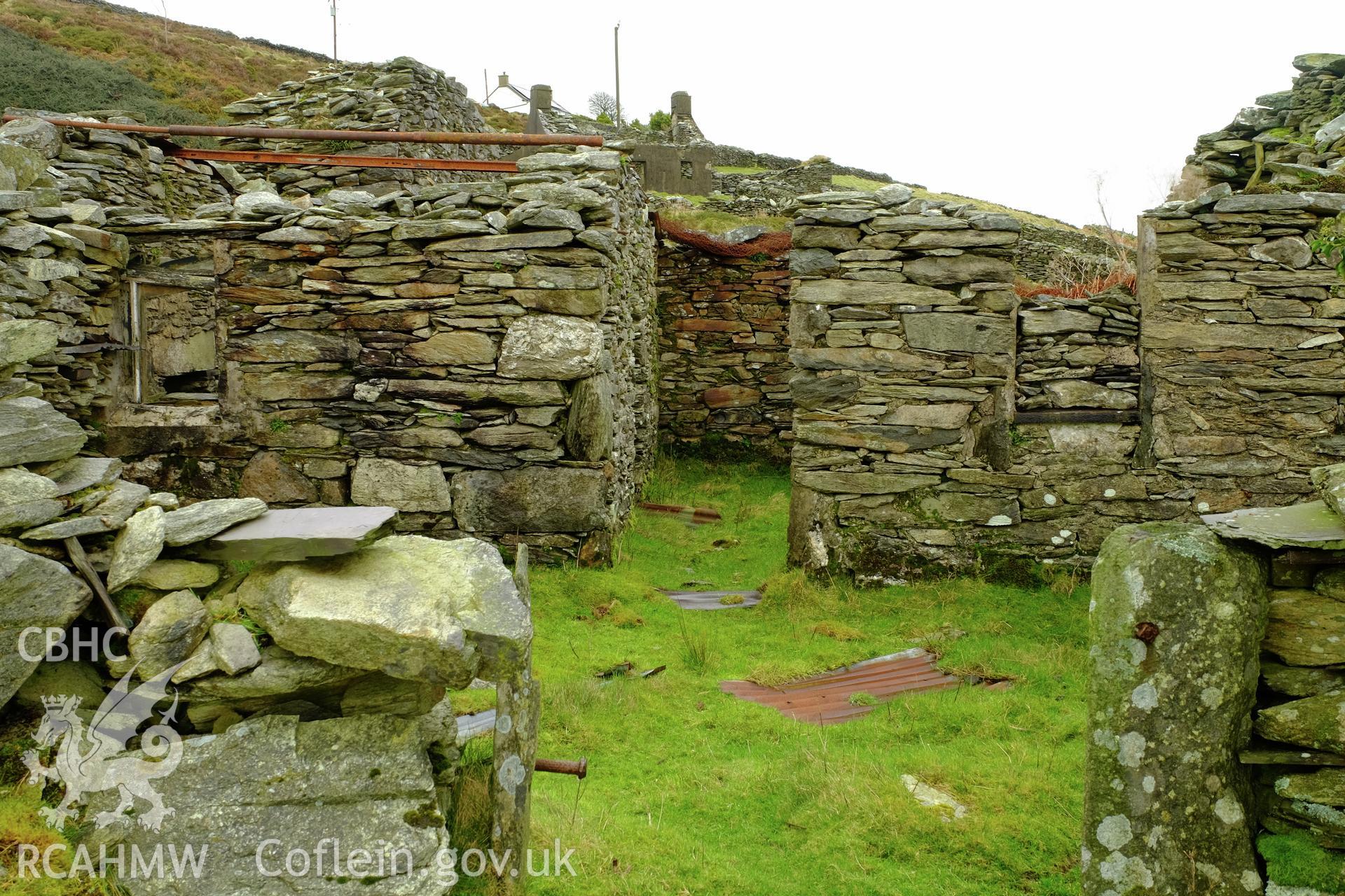 Colour photograph showing view looking north east showing front of abandoned cottage, Cilgwyn (Grid Reference SH4973 5398), produced by Richard Hayman 21st February 2017