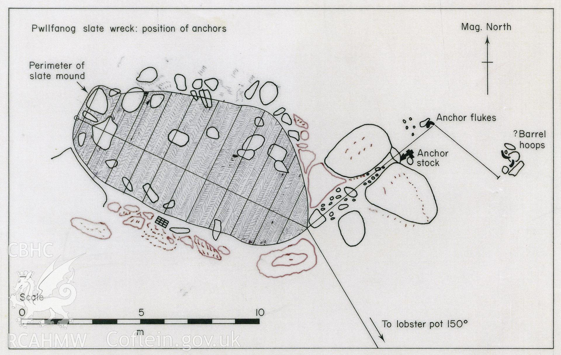 Digital copy of a coloured pen and ink diagram of Pwllfanog slate wreck loaned for publication by D C Jones.