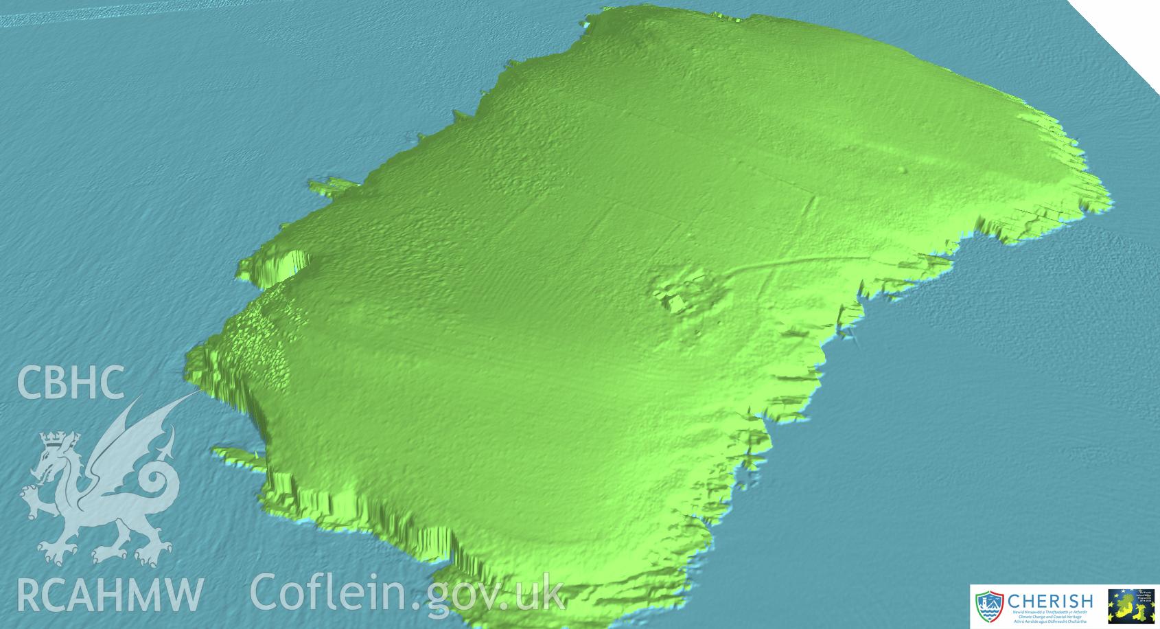 Ynysoedd Tudwal (St. Tudwal?s Islands). Airborne laser scanning (LiDAR) commissioned by the CHERISH Project 2017-2021, flown by Bluesky International LTD at low tide on 24th February 2017. View showing the east island facing north.