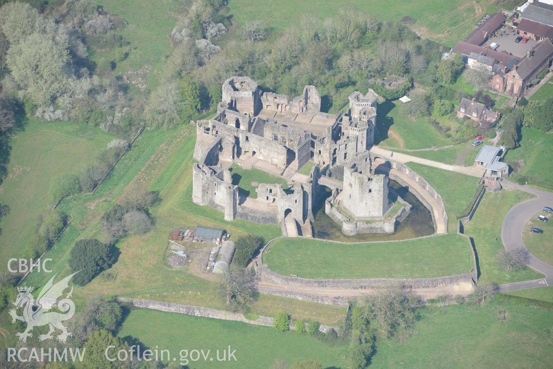 Raglan Castle, Gardens and Farm. Oblique aerial photograph taken during the Royal Commission's programme of archaeological aerial reconnaissance by Toby Driver on 21st April 2015