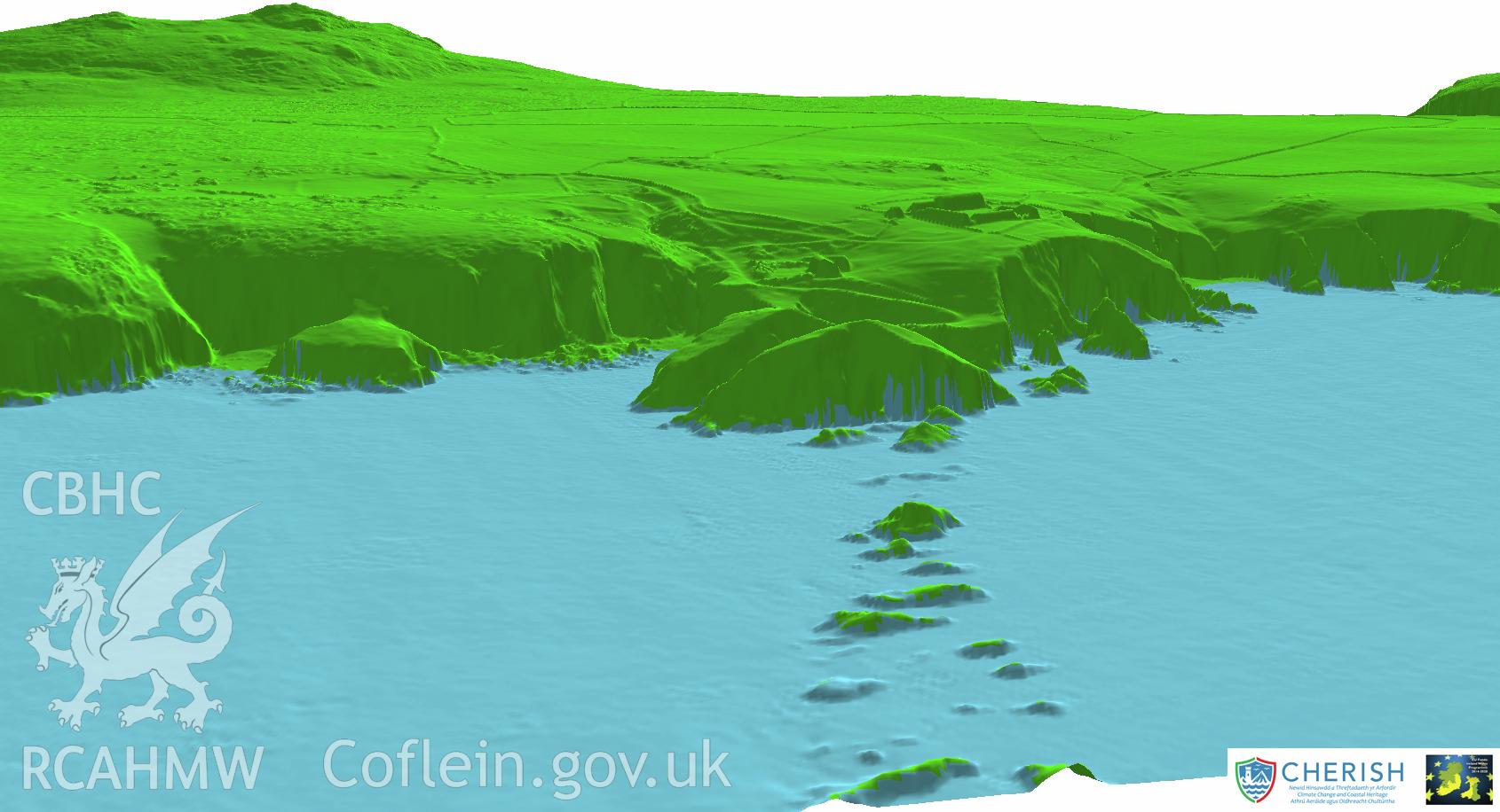 Ramsey Island. Airborne laser scanning (LiDAR) commissioned by the CHERISH Project 2017-2021, flown by Bluesky International LTD at low tide on 24th February 2017. View showing the island from the east, along The Bitches reef towards Ramsey Island Farm.