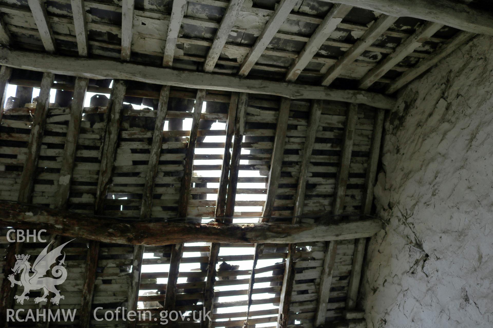 Photograph showing interior view of dairy roof, at Maes yr Hendre, taken by Dr Marian Gwyn, 6th July 2016. (Original Reference no. 0251)