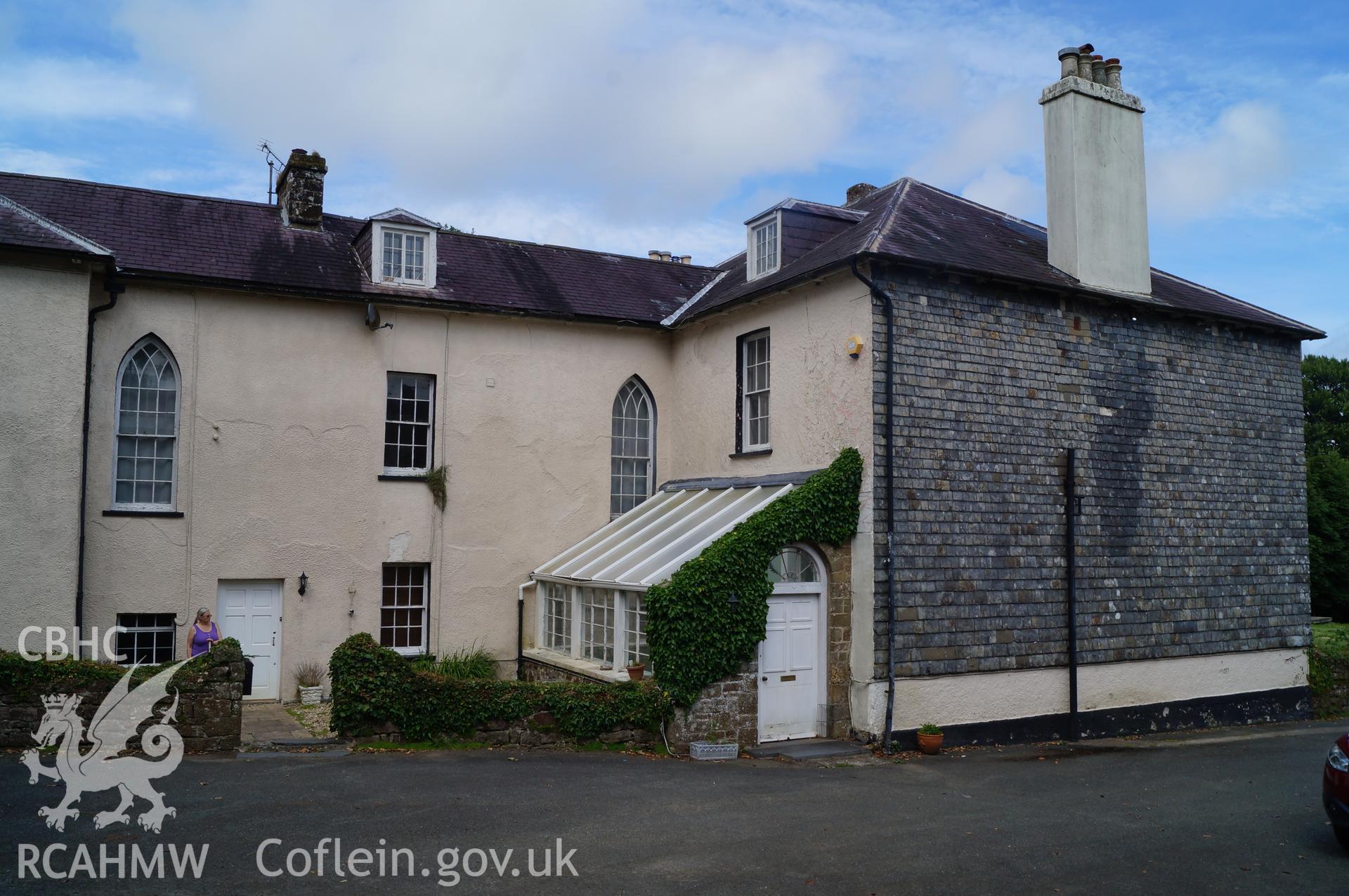 View 'looking northeast at the southwest face of Robeston House, with porch to be demolished in the centre of the photograph.' Photograph and description by Jenny Hall and Paul Sambrook of Trysor, 22nd June 2017.