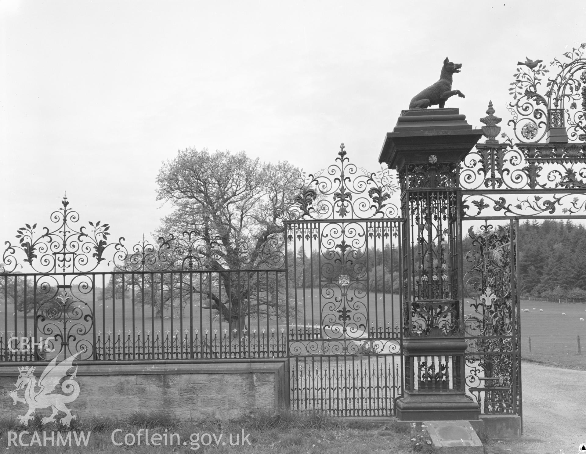 Digital copy of an acetate negative showing view of Chirk Castle gates taken by D.O.E. in 1977.