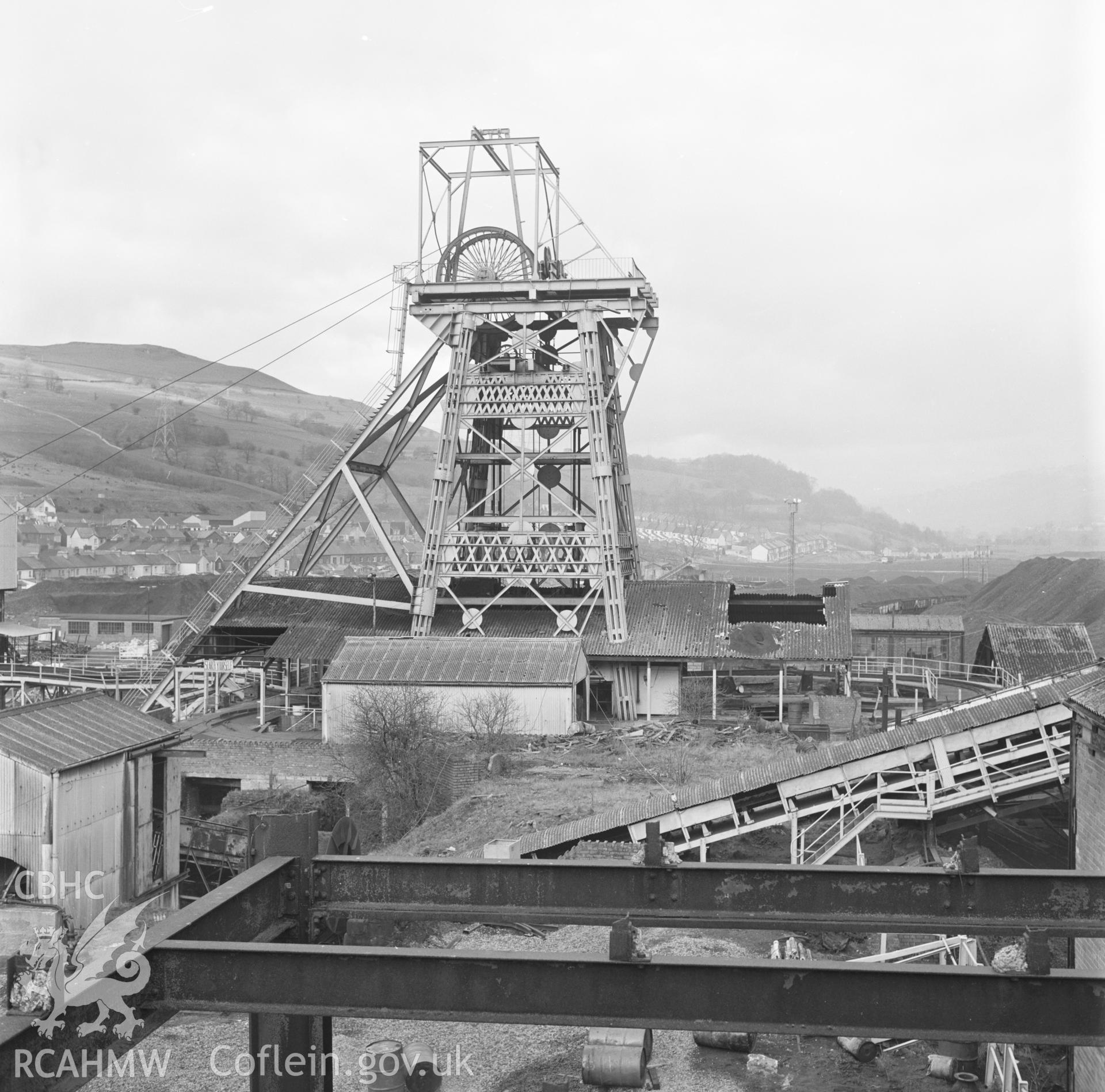Digital copy of an acetate negative showing downcast shaft at Taff Colliery, from the John Cornwell Collection.
