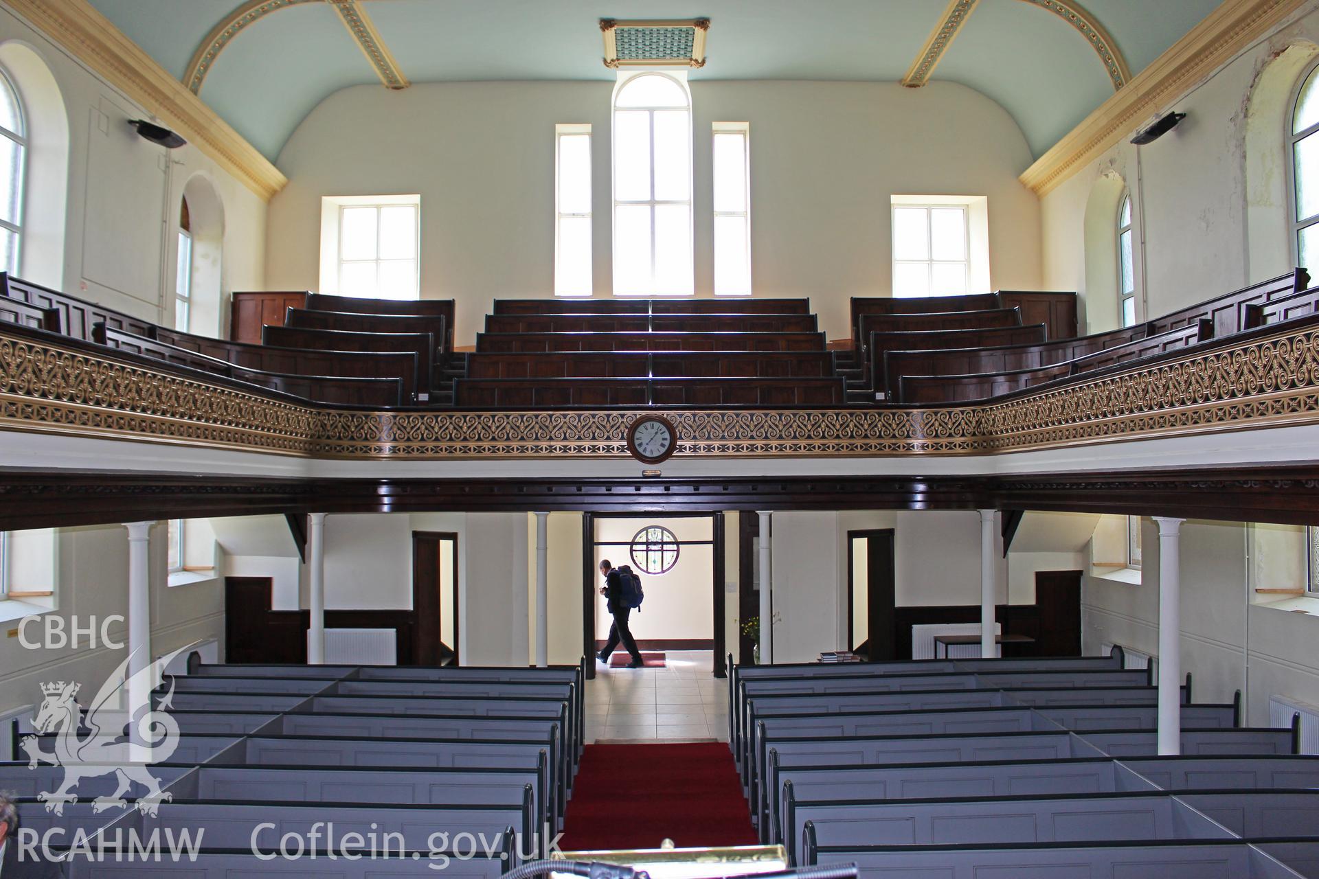 Colour photograph showing interior view looking from the pulpit towards the pews at Mynydd-Bach Independent Chapel, Treboeth, Swansea. Taken during photographic survey conducted by Sue Fielding on 13th May 2017.
