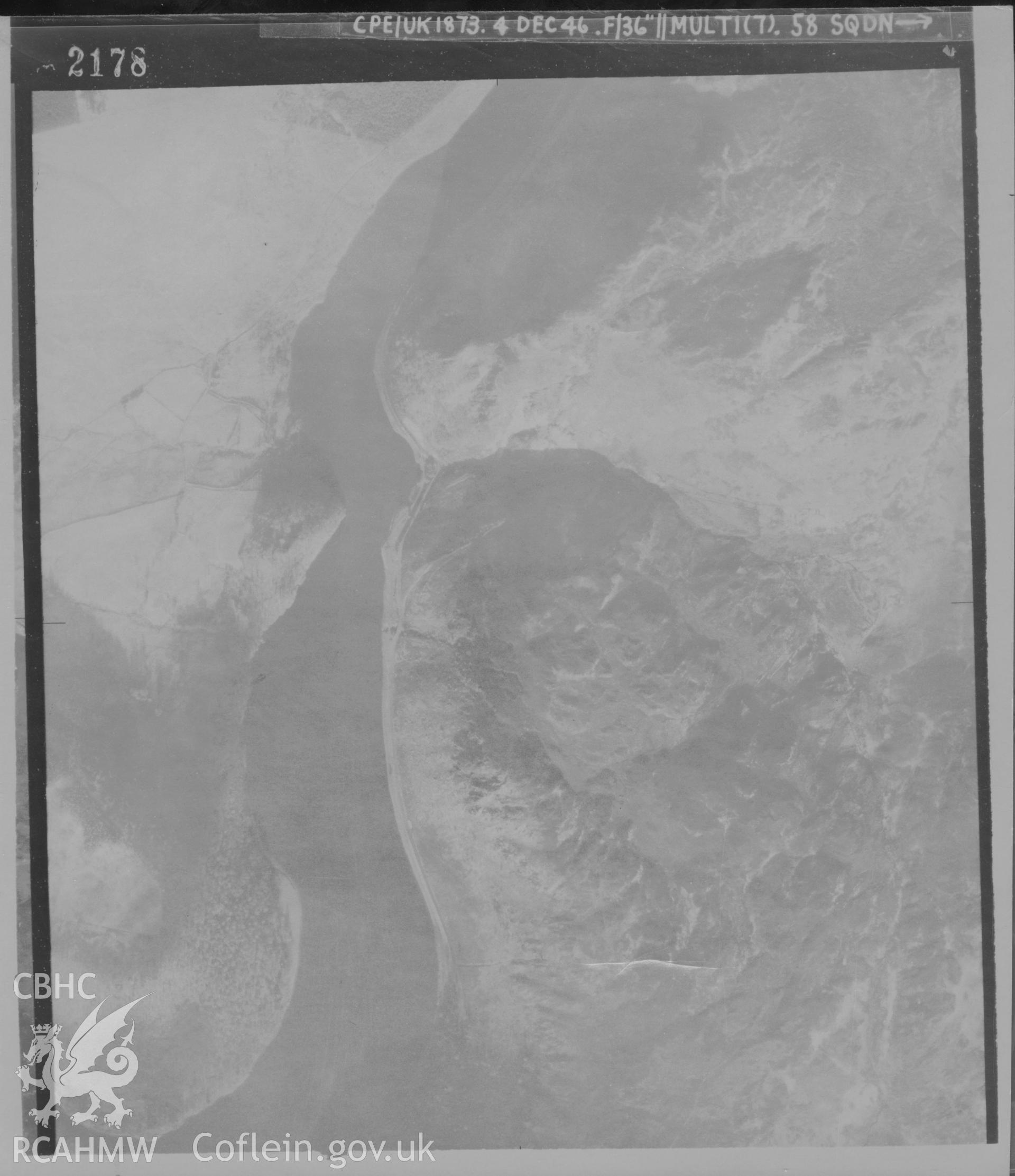 Aerial photograph of the Elan Valley, dated 1946. Included in material relating to Archaeological Desk Based Assessment of Afon Claerwen, Elan Valley, Rhayader, Powys. Assessment conducted by Archaeology Wales in 2018. Report no. 1681. Project no. 2573.
