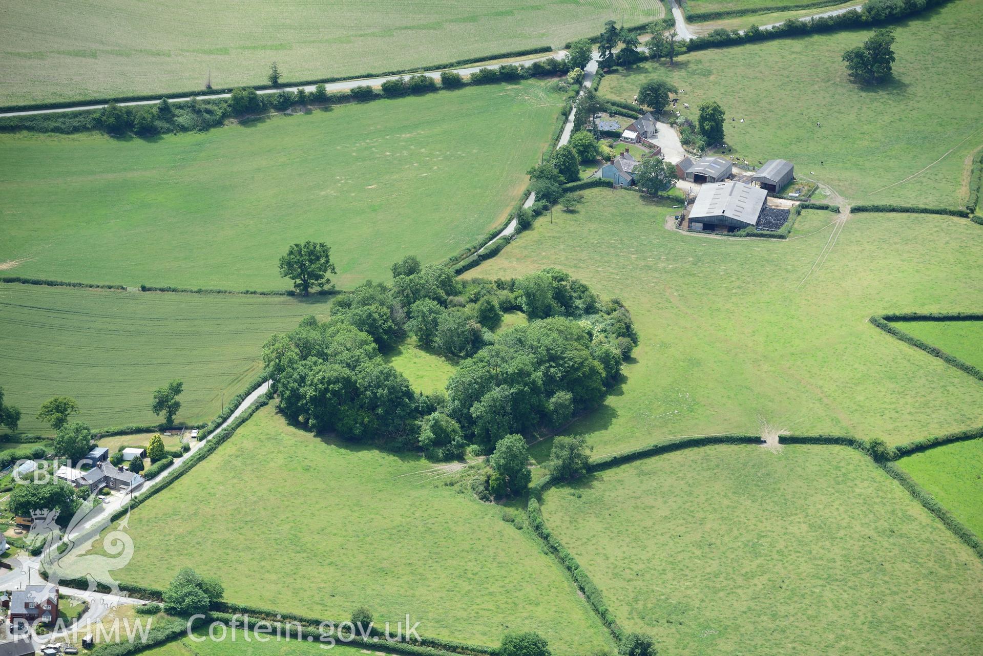 Hen Domen and Hen Domen farmhouse, north of Montgomery. Oblique aerial photograph taken during the Royal Commission's programme of archaeological aerial reconnaissance by Toby Driver on 30th June 2015.