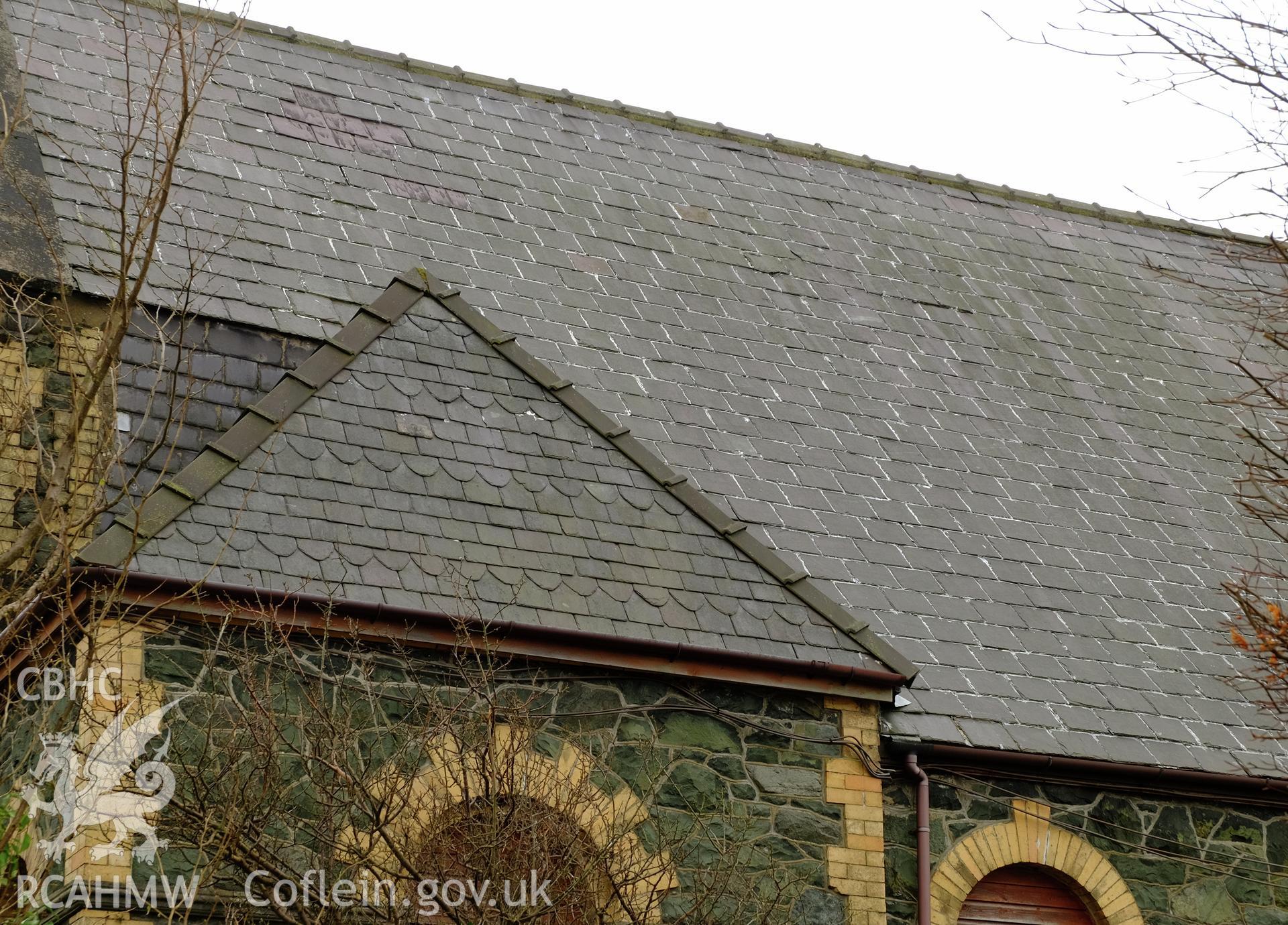 Colour photograph showing detail of roof slates at Capel Libanus, Clwt-y-Bont, Deiniolen, produced by Richard Hayman 2nd March 2017