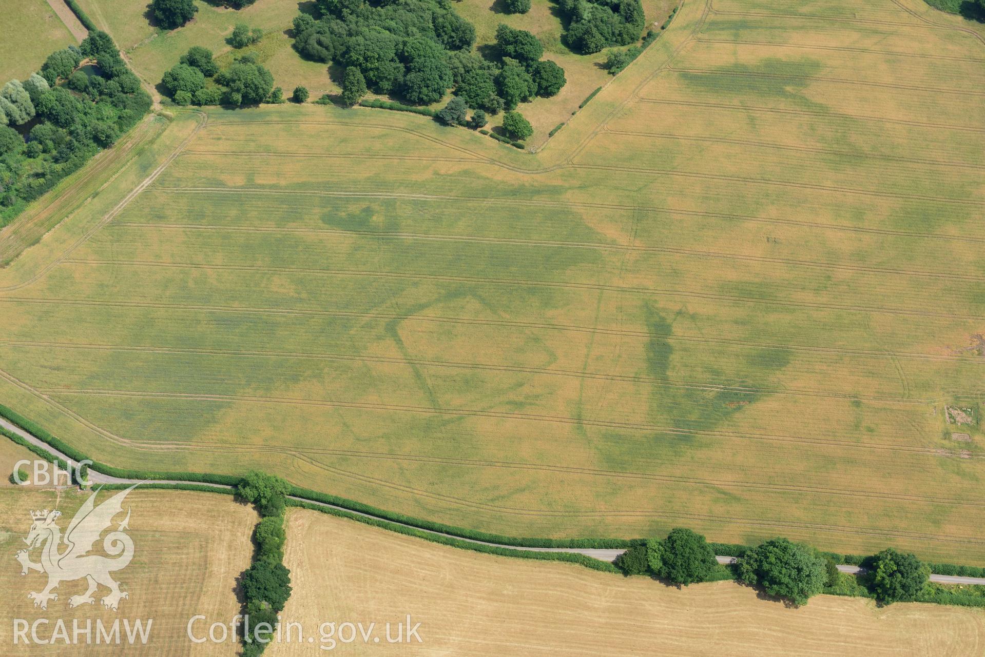 Royal Commission aerial photography of Wyndcliffe Court or Wet Wood cropmark complex taken on 19th July 2018 during the 2018 drought.