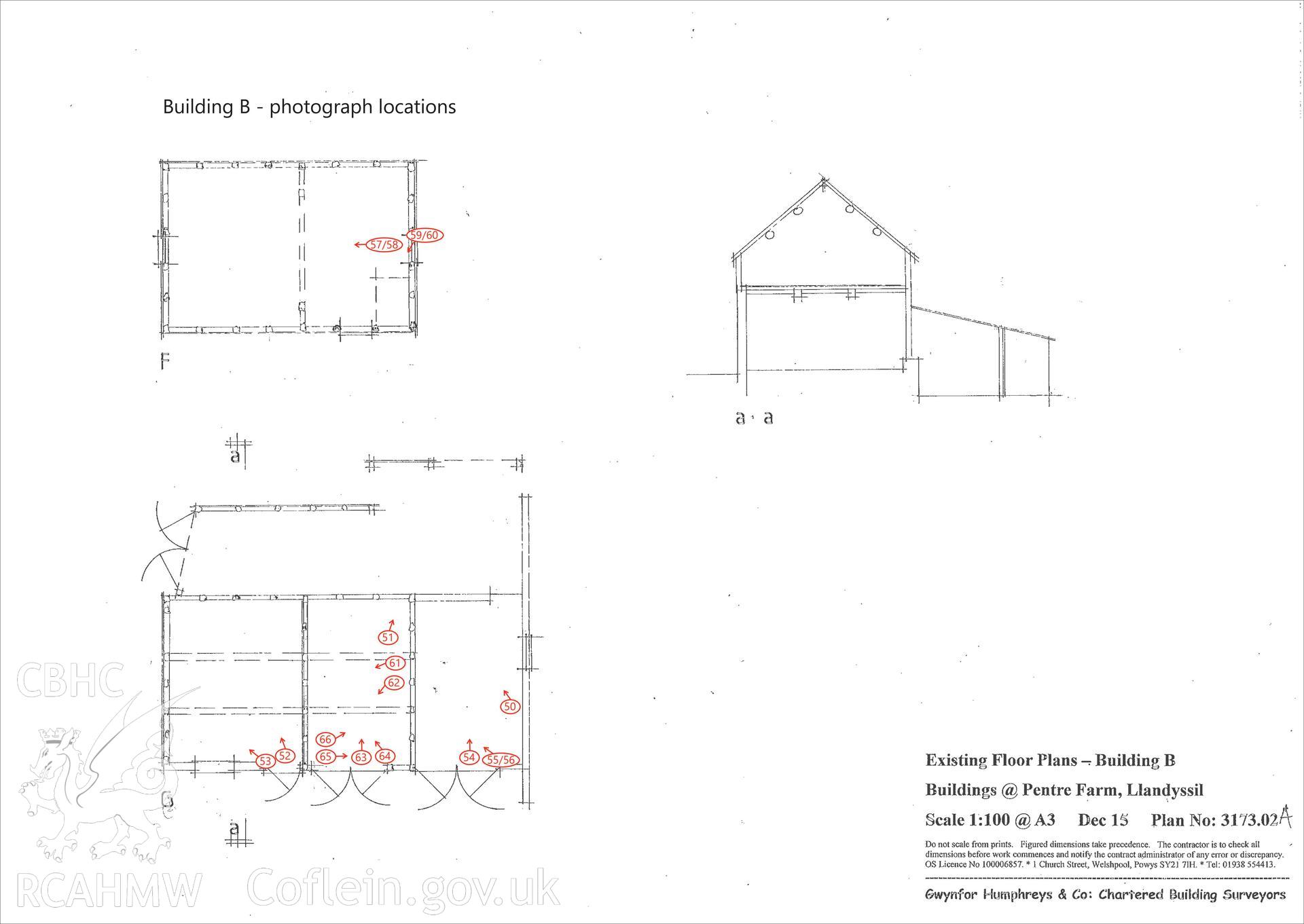 'Building B photo locations' used as report illustration for CPAT Project 2414: Pentre Barns, Llandyssil, Powys - Building Survey. Prepared by Kate Pack of Clwyd Powys Archaeological Trust, 2019. Report no. 1694.