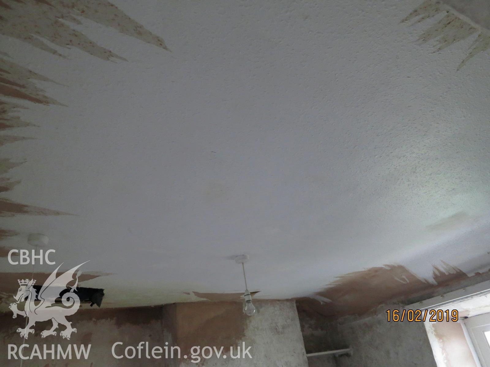 Ceiling of bedroom 2 in the house at Pencerrig Pellaf, Ffordd Uchaf, Harlech. Photographed by Kimberley Urch as part of photographic survey for planning application (ref. no. NP5/61/LB446A Snowdonia National Park Authority).
