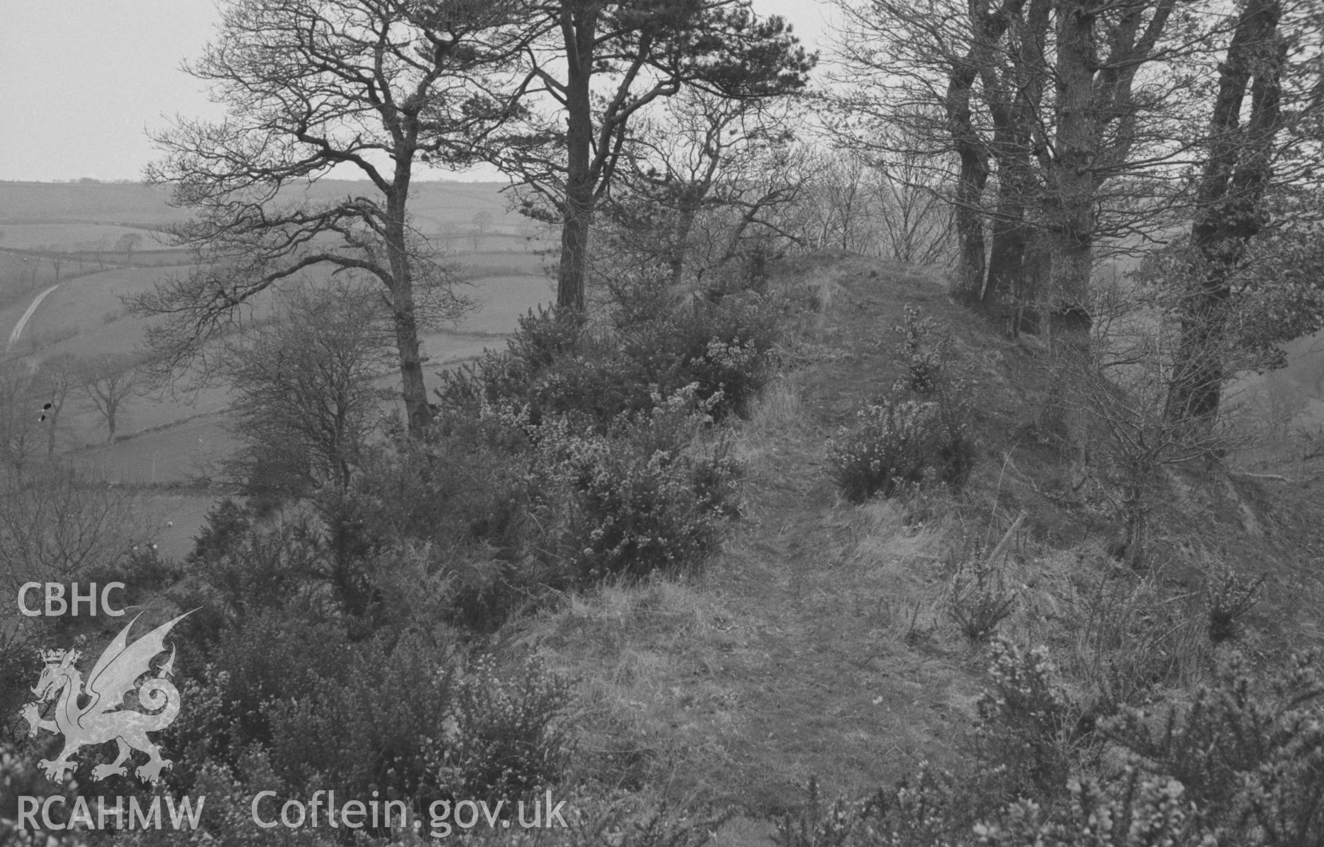 Digital copy of a black and white negative showing panoramic view looking north west over the 3-bank, 2-ditched Castell Pyr promontory fort earthworks. Glanrhydypysgod farm opposite. Photograph by Arthur O. Chater, April 1967. SN 470400. Photograph 2 of 4.