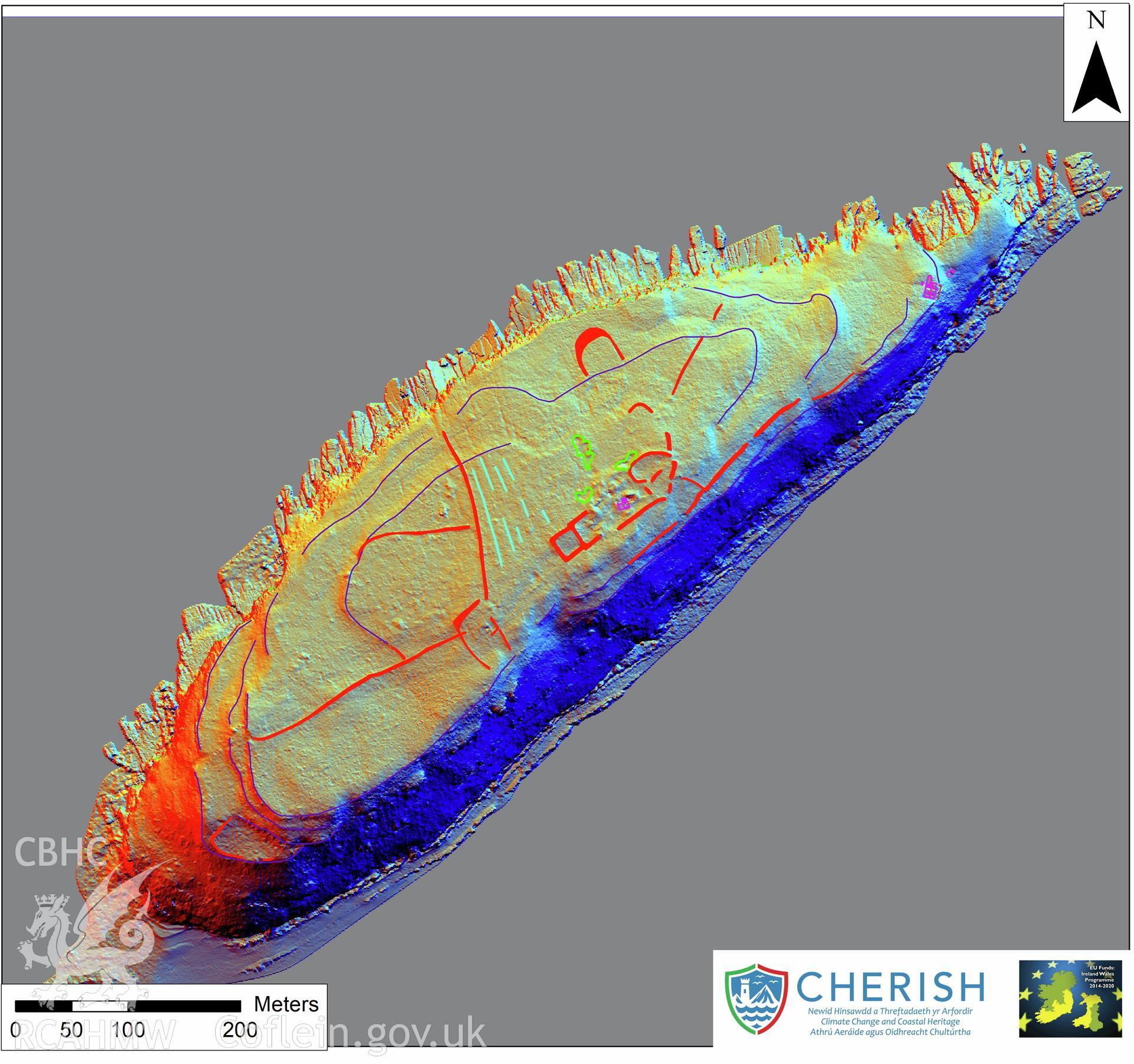 Ynys Seiriol (Puffin Island). Archaeological mapping over airborne laser scanning (LiDAR) commissioned by the CHERISH Project 2017-2021, flown by Bluesky International LTD at low tide on 24th February 2017. Digital Terrain Model (DTM) showing whole of the island with multi hill shading and aerial