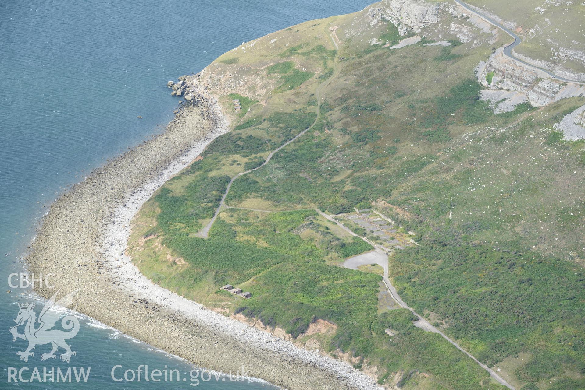 Trwynygogarth gunnery range (former Royal Artillery coast artillery school), Great Orme's Head, Llandudno. Oblique aerial photograph taken during the Royal Commission's programme of archaeological aerial reconnaissance by Toby Driver on 11th September 2015.