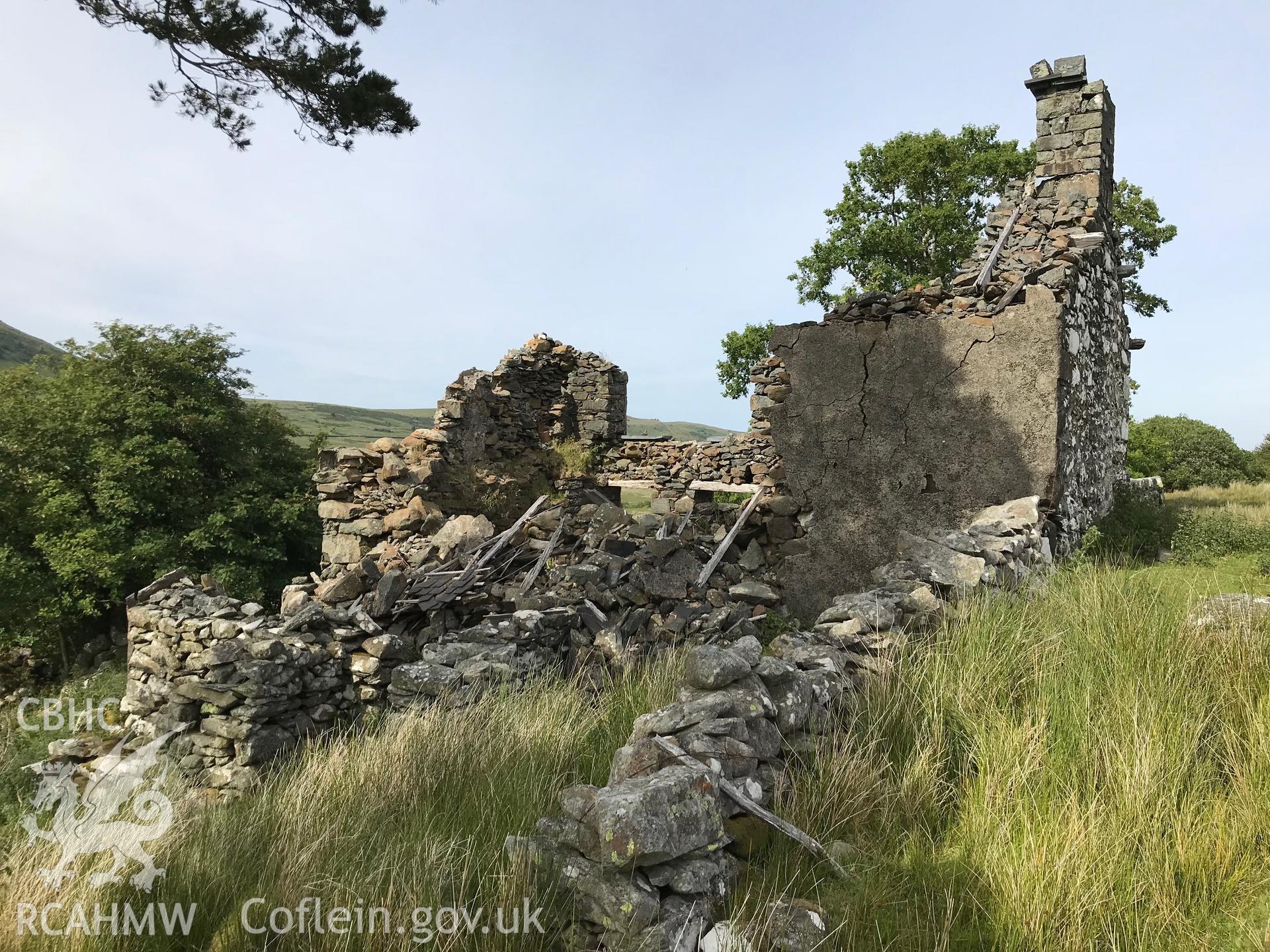 Colour photo showing the remains of Brwynog Isaf house and outbuildings, taken by Paul R. Davis, 23rd June 2018.