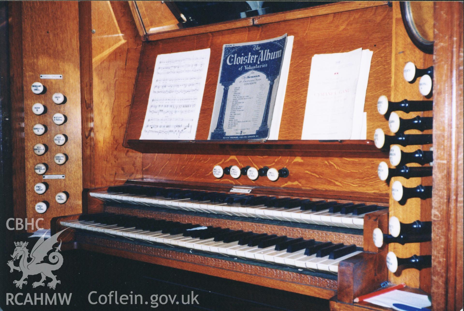Colour photograph showing detail of organ at Bethania chapel, Maesteg, 2003. Donated to the RCAHMW by Cyril Philips as part of the Digital Dissent Project.