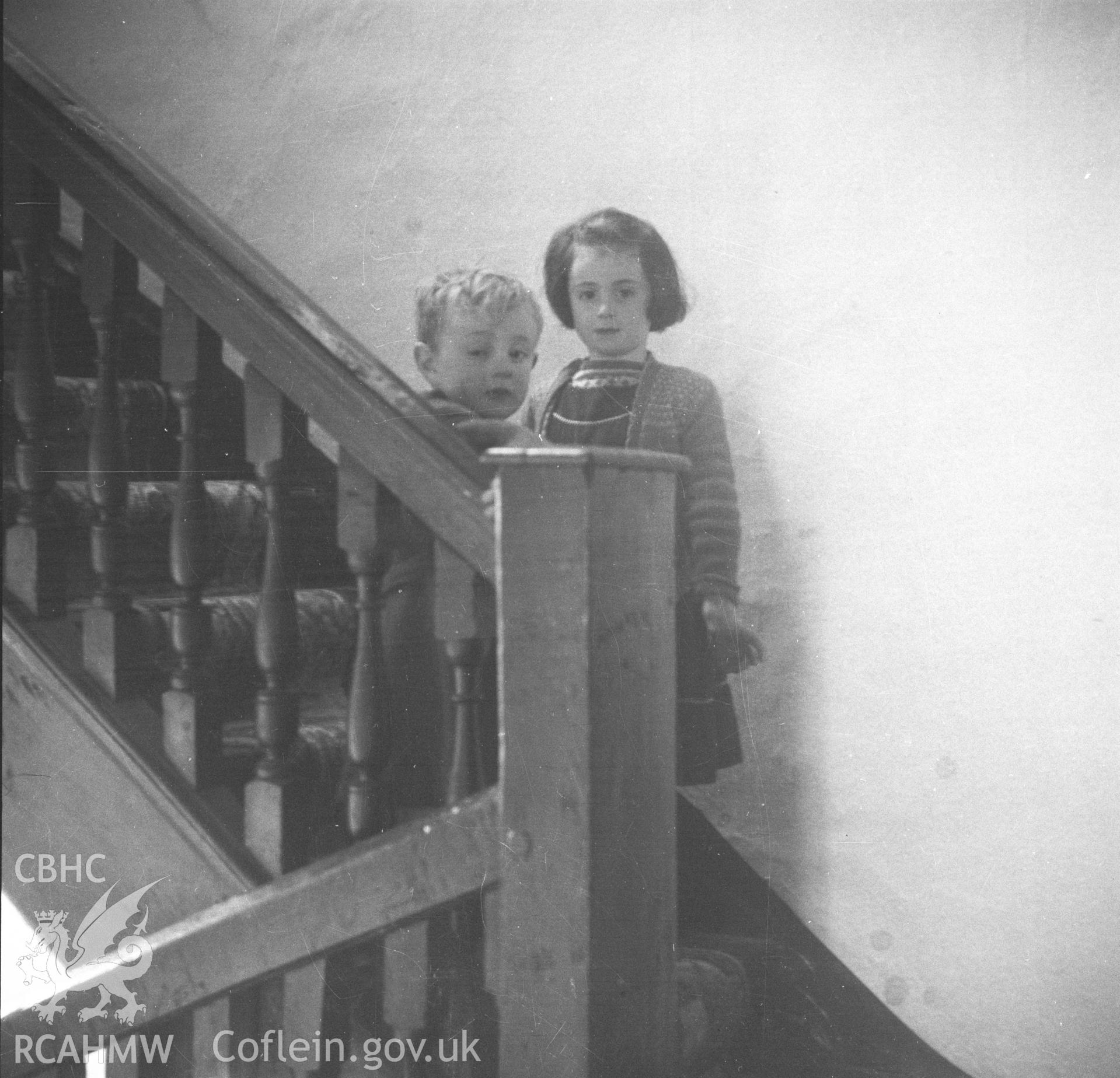 Digital copy of an undated nitrate negative of an interior view of Croes Newydd, showing figure on the staircase.