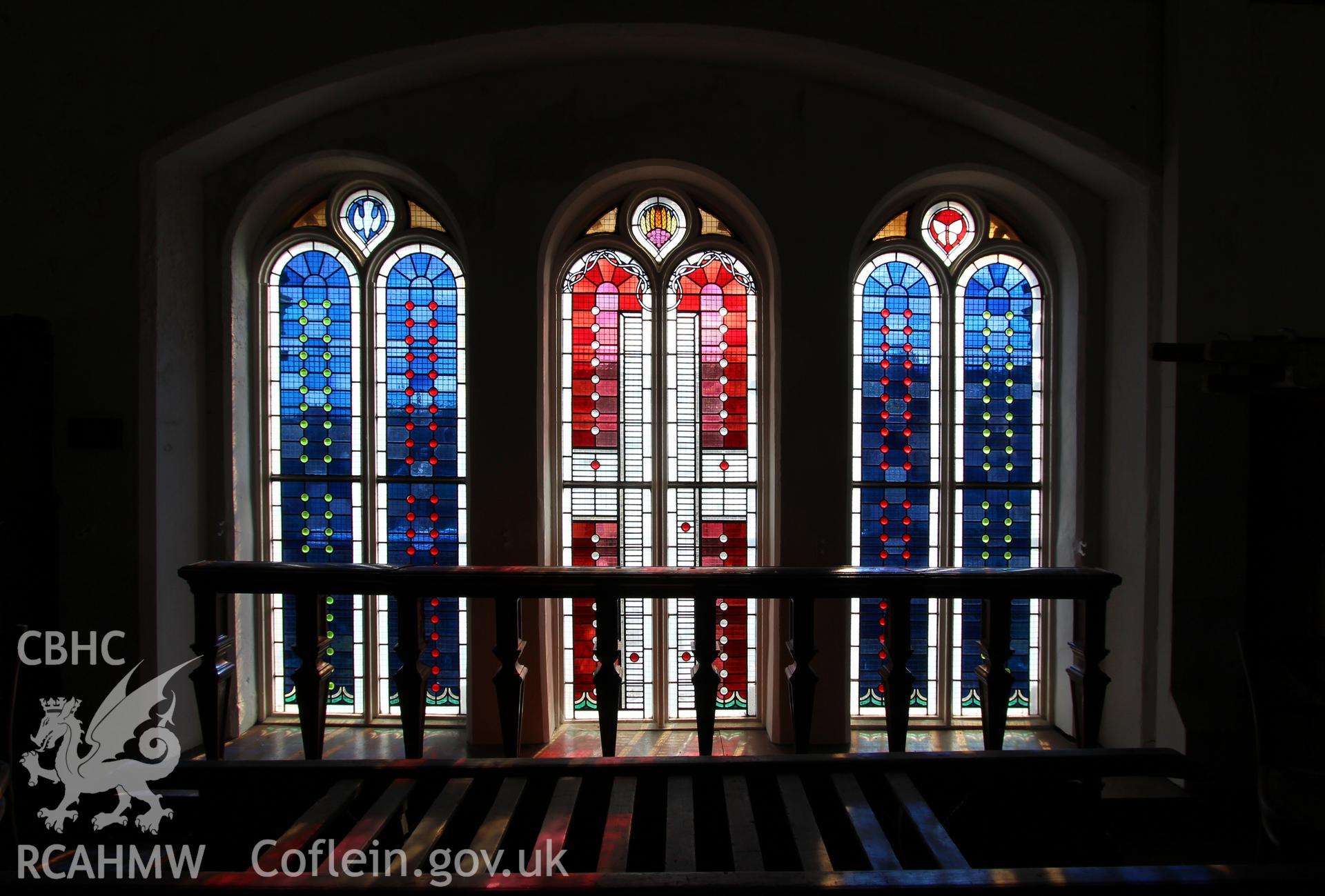 Interior view of stained glass windows. Photographic survey of Seion Welsh Baptist Chapel, Morriston, conducted by Sue Fielding on 13th May 2017.
