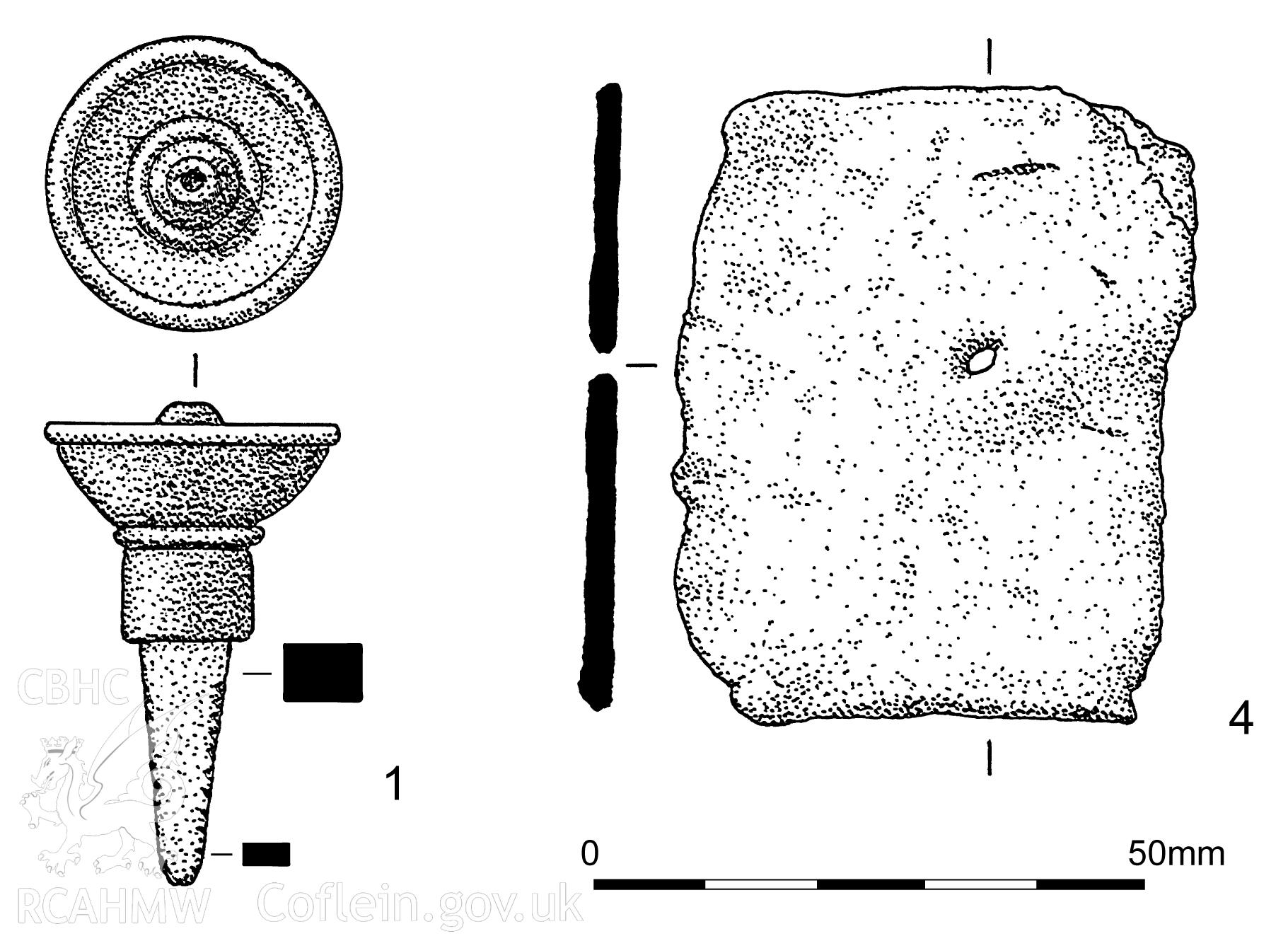 Arch Camb 167 (2018) 143-219. "The Romano-British villa at Abermagwr, Ceredigion: excavations 2010-2015" by Davies and Driver. Fig 18 Roman metalwork, scale 2:3. Drawings by Ian Dennis.