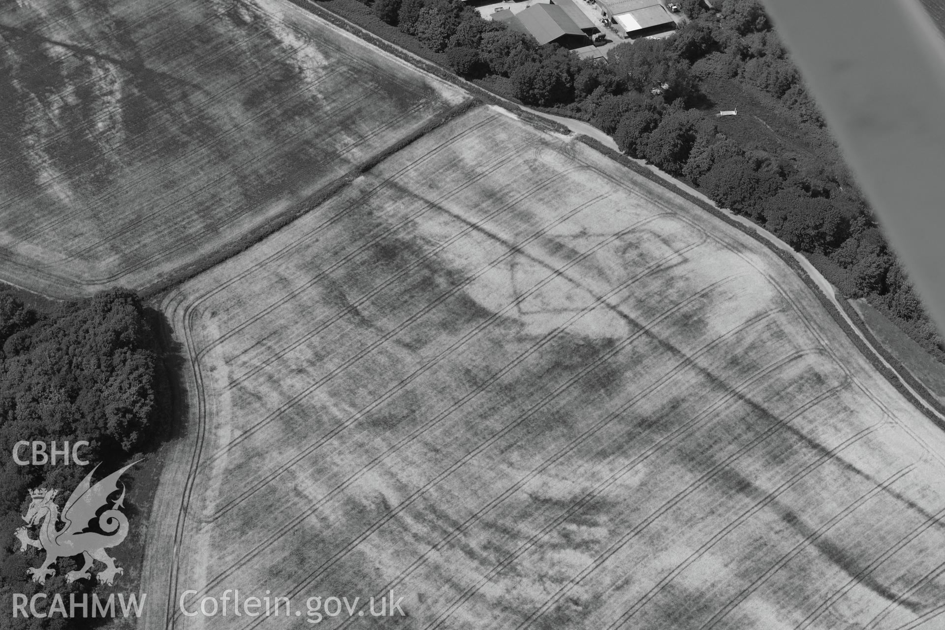 Malthouse Road defended enclosure (east), north west of Caerleon. Oblique aerial photograph taken during the Royal Commission?s programme of archaeological aerial reconnaissance by Toby Driver on 1st August 2013.