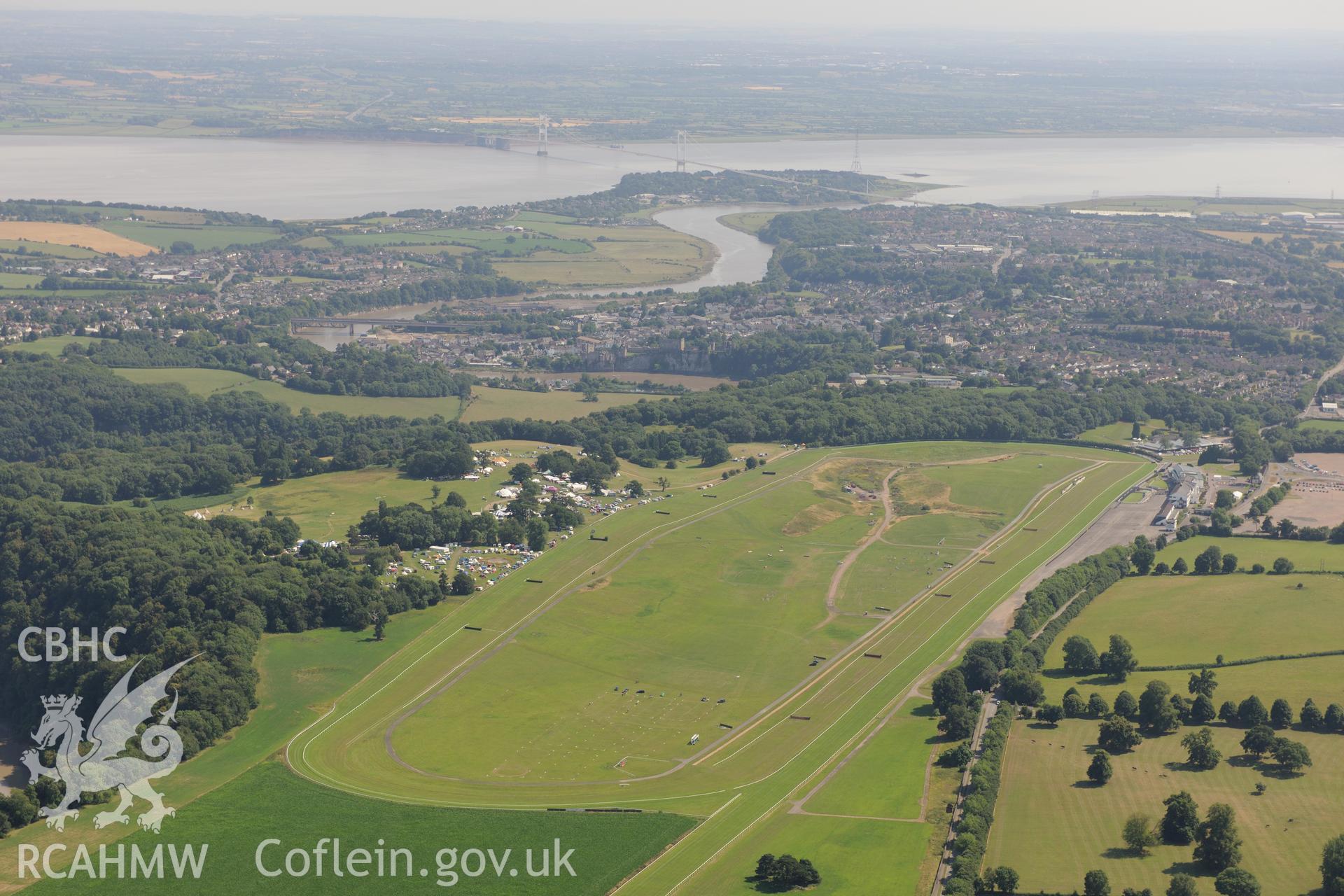 Chepstow racecourse, Chepstow. Oblique aerial photograph taken during the Royal Commission?s programme of archaeological aerial reconnaissance by Toby Driver on 1st August 2013.