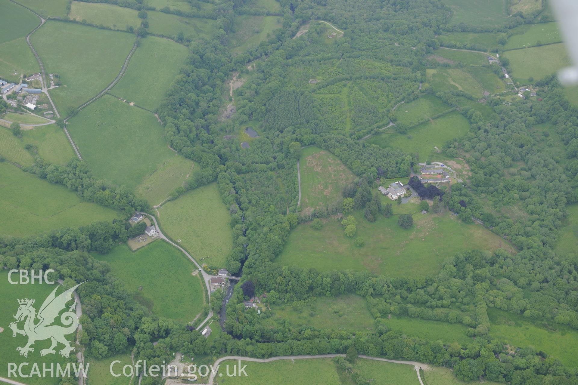 Pontynyswen Calvinistic Methodist chapel and Upton Hall, Nantgaredig. Oblique aerial photograph taken during the Royal Commission's programme of archaeological aerial reconnaissance by Toby Driver on 11th June 2015.