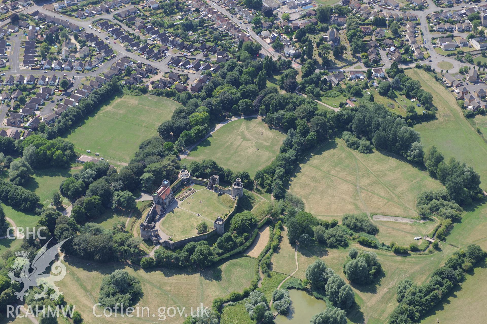 Caldicot Castle, in the town of Caldicot, east of Newport. Oblique aerial photograph taken during the Royal Commission?s programme of archaeological aerial reconnaissance by Toby Driver on 1st August 2013.