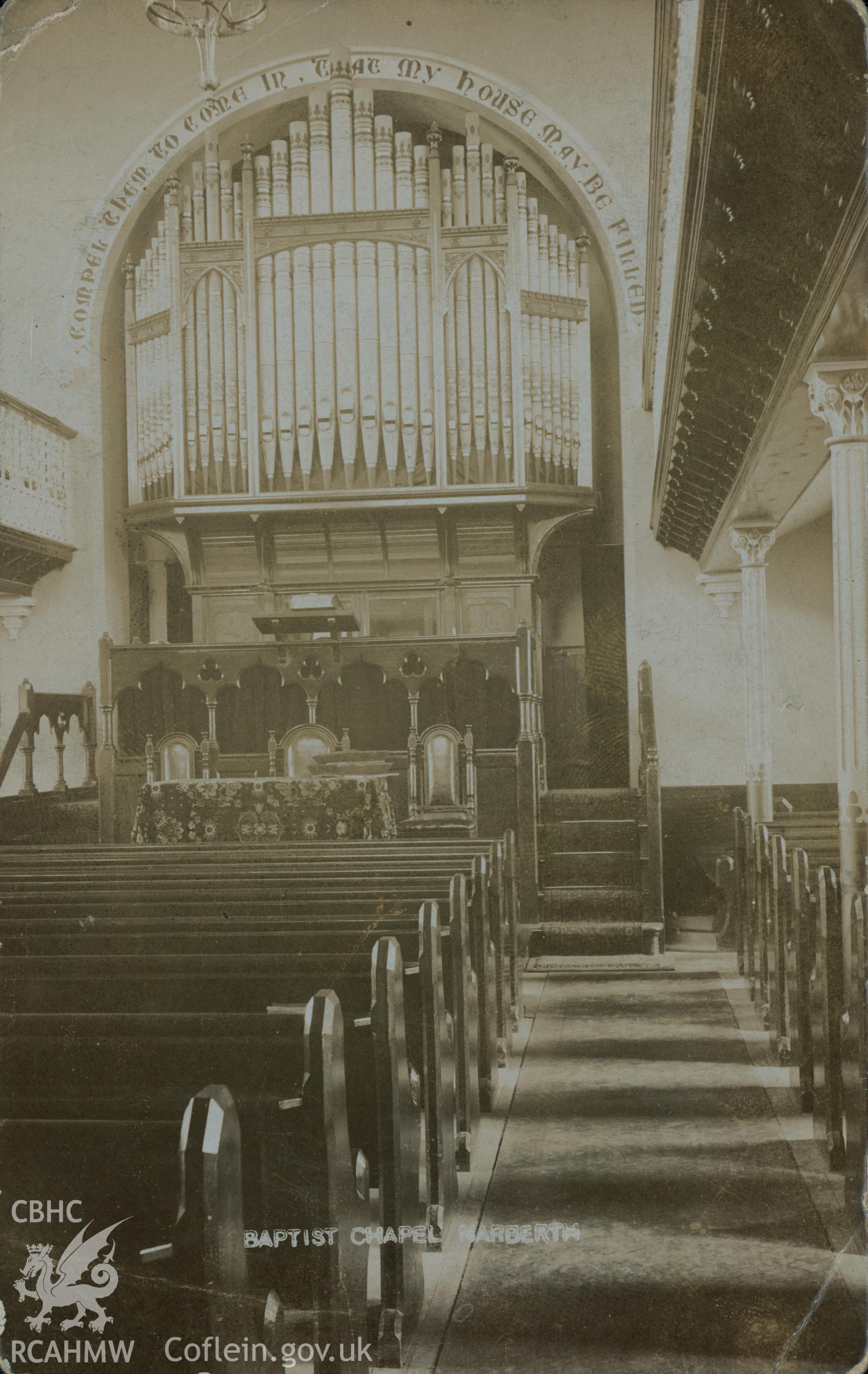 Digital copy of monochrome postcard showing interior view looking towards the organ at Bethesda English Baptist chapel on Narberth high street. Loaned for copying by Thomas Lloyd.
