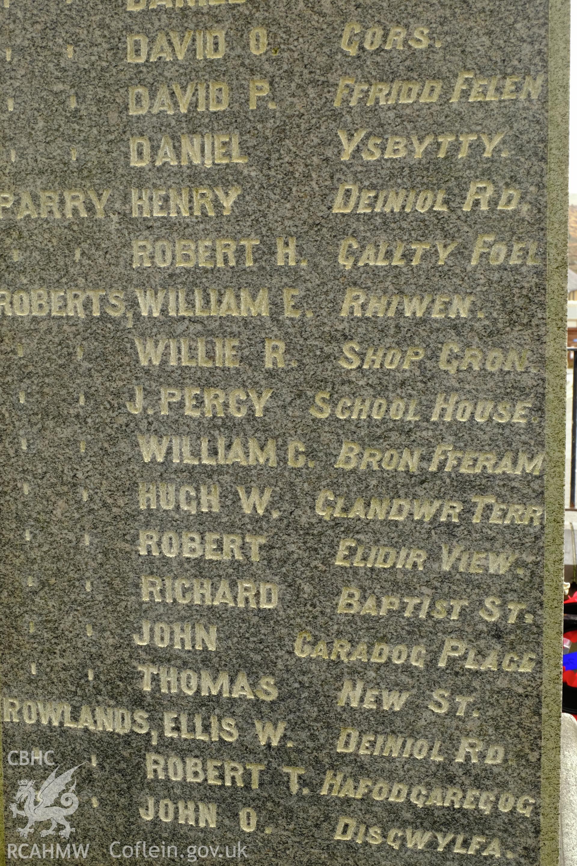 Colour photograph showing detail of the roll call on the war memorial outside Carnegie Library, Deiniolen, produced by Richard Hayman 7th March 2017