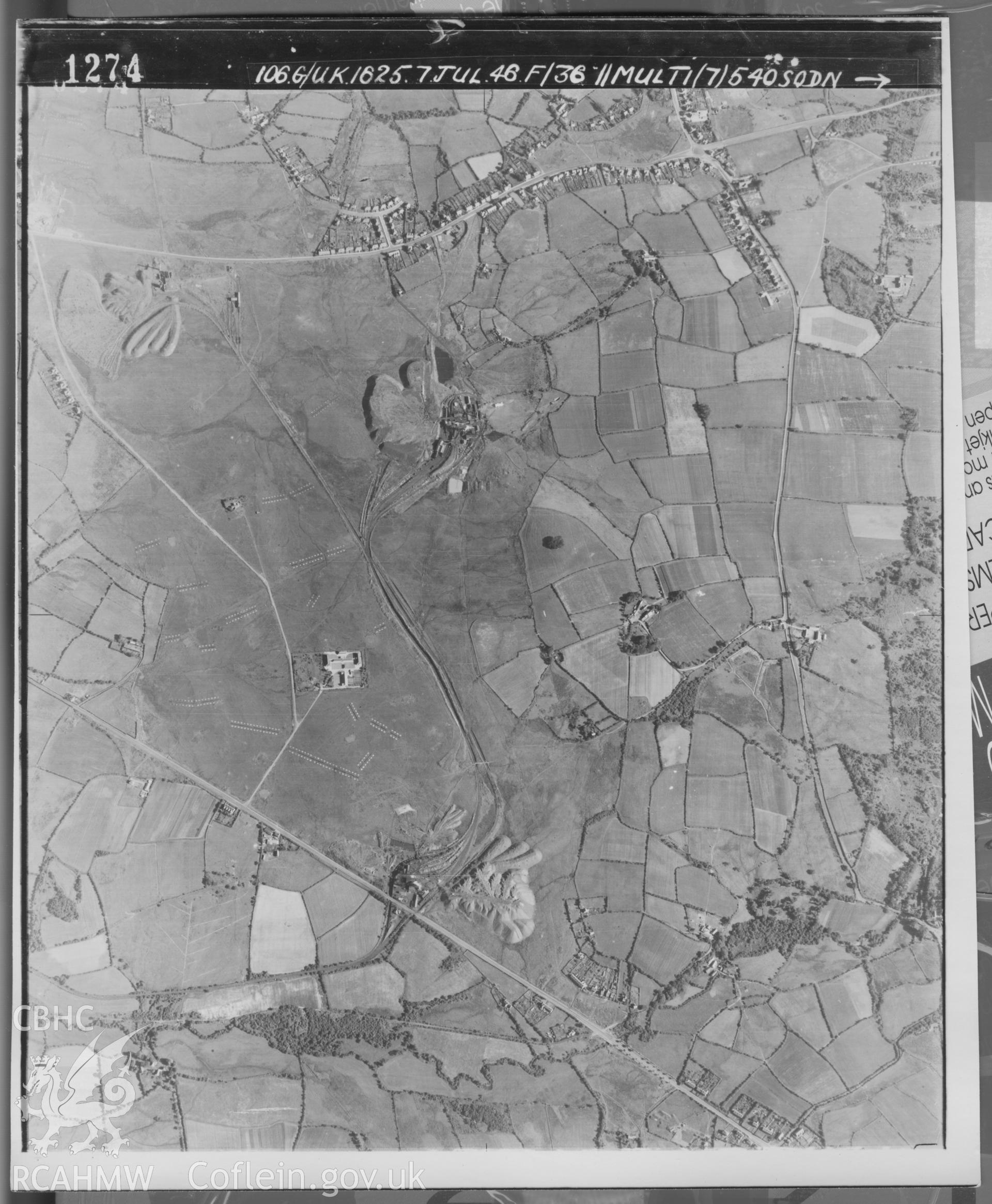 Black and white aerial photograph taken on 7th July 1946. Frame 1274. Part of material used in a Setting Impact Assessment of Land off Phoenix Way, Garngoch Business Village, Swansea, carried out by Archaeology Wales, 2018. Project number P2631.