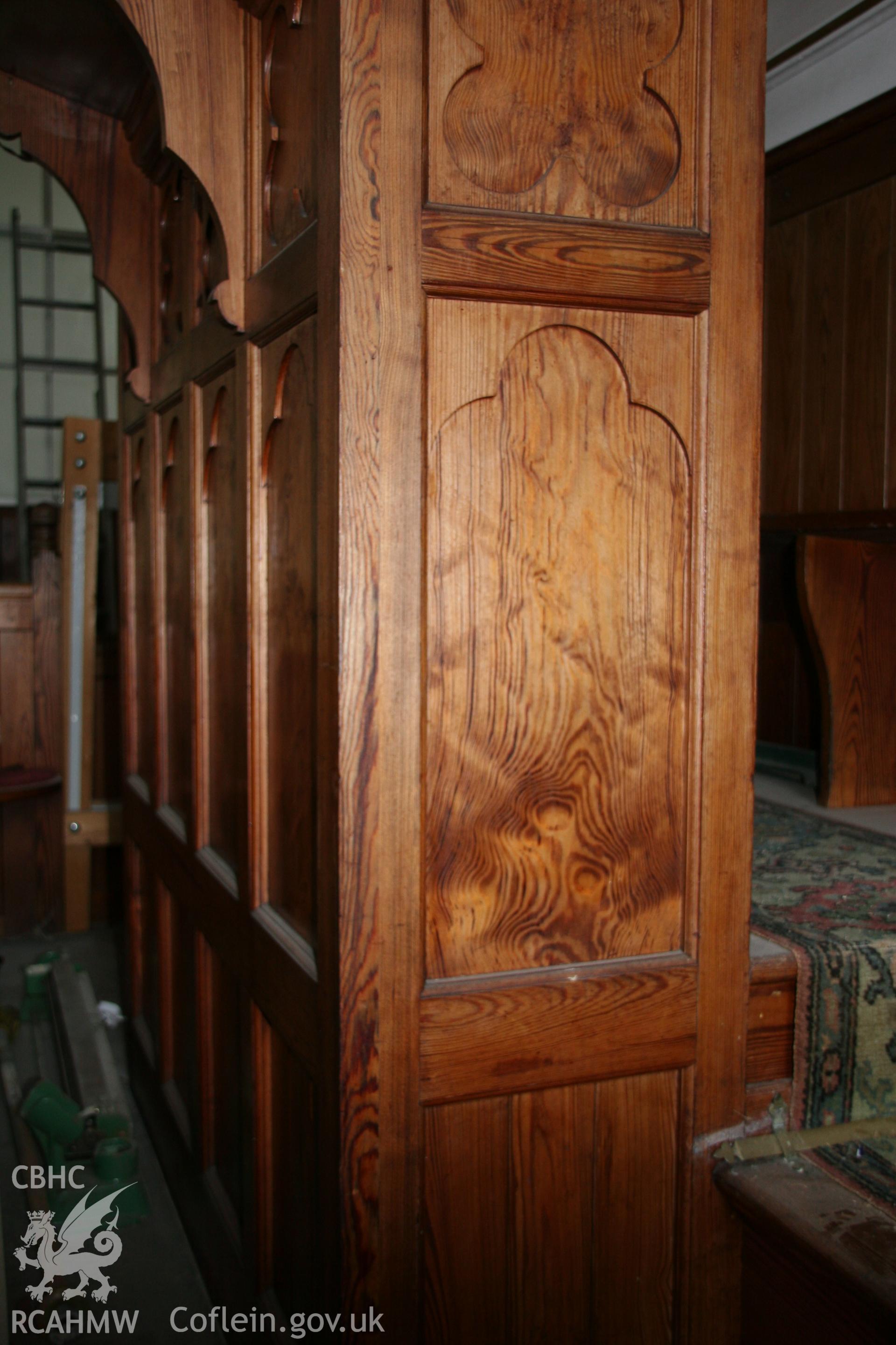 Photograph showing detailed view of the side elevation of the pulpit at the former Llawrybettws Welsh Calvinistic Methodist chapel, Glanyrafon, Corwen. Produced by Tim Allen on 7th March 2019 to meet a condition attached to planning application.