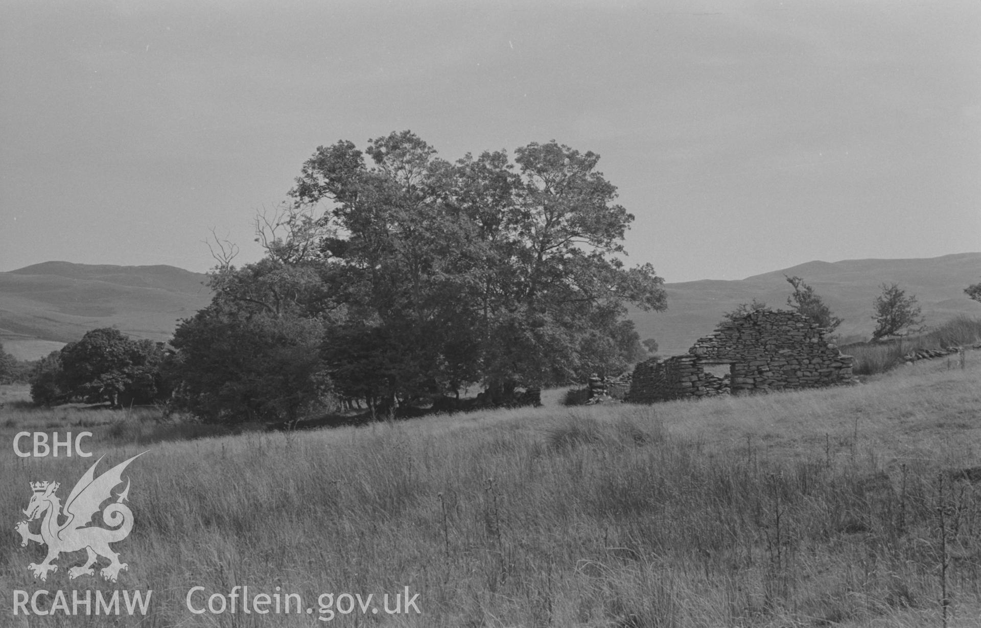 Digital copy of a black and white negative showing view of Caradog ruin (far left) on the boggy slope south of the Afon Fflur, Ystrad Fflur (part of the Bryneithinog squatter settlement). Photographed by Arthur O. Chater in August 1967. (Looking east from Grid Reference SN 733 635).