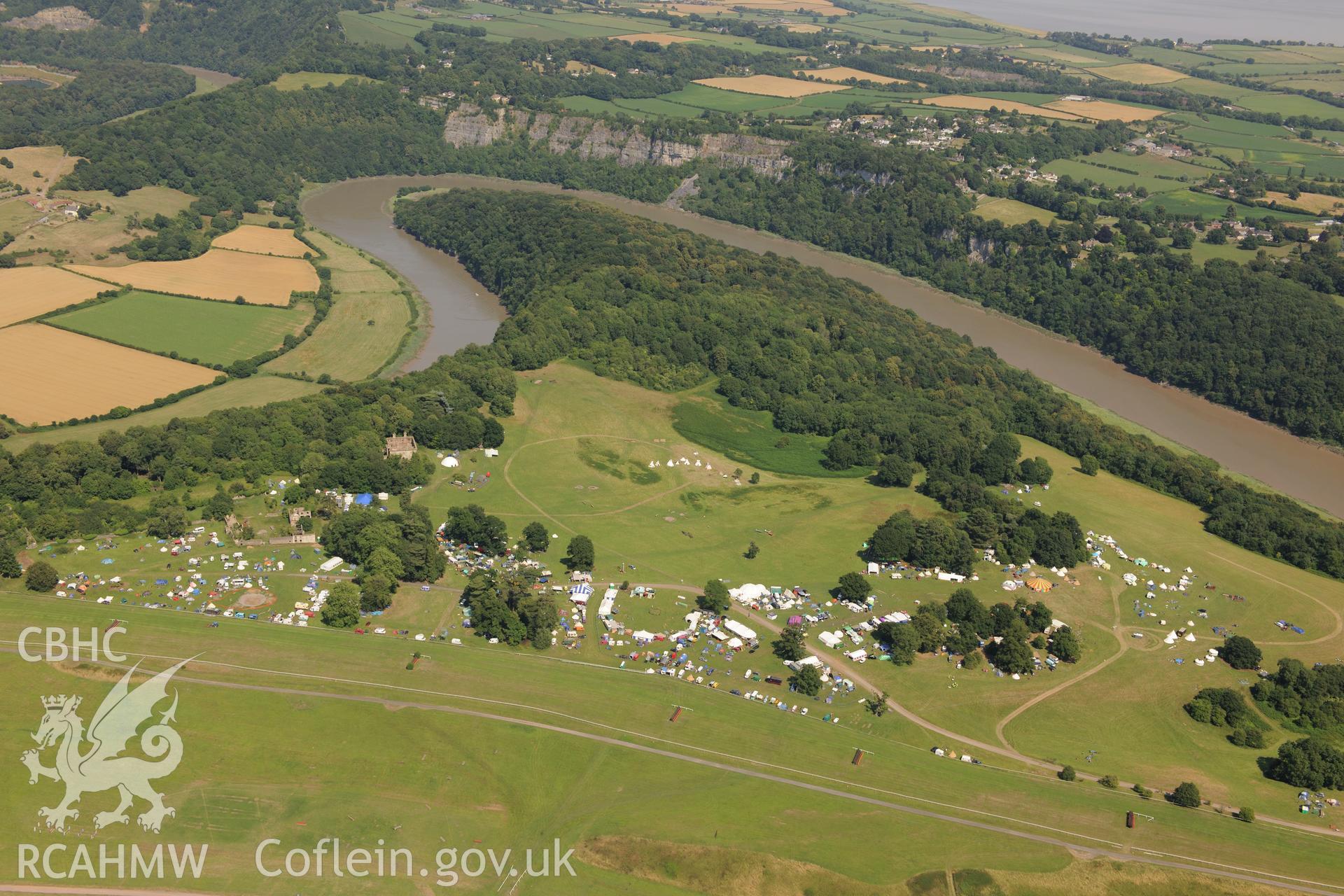 Piercefield Park and Chepstow Racecourse with the river Wye beyond. Oblique aerial photograph taken during the Royal Commission?s programme of archaeological aerial reconnaissance by Toby Driver on 1st August 2013.