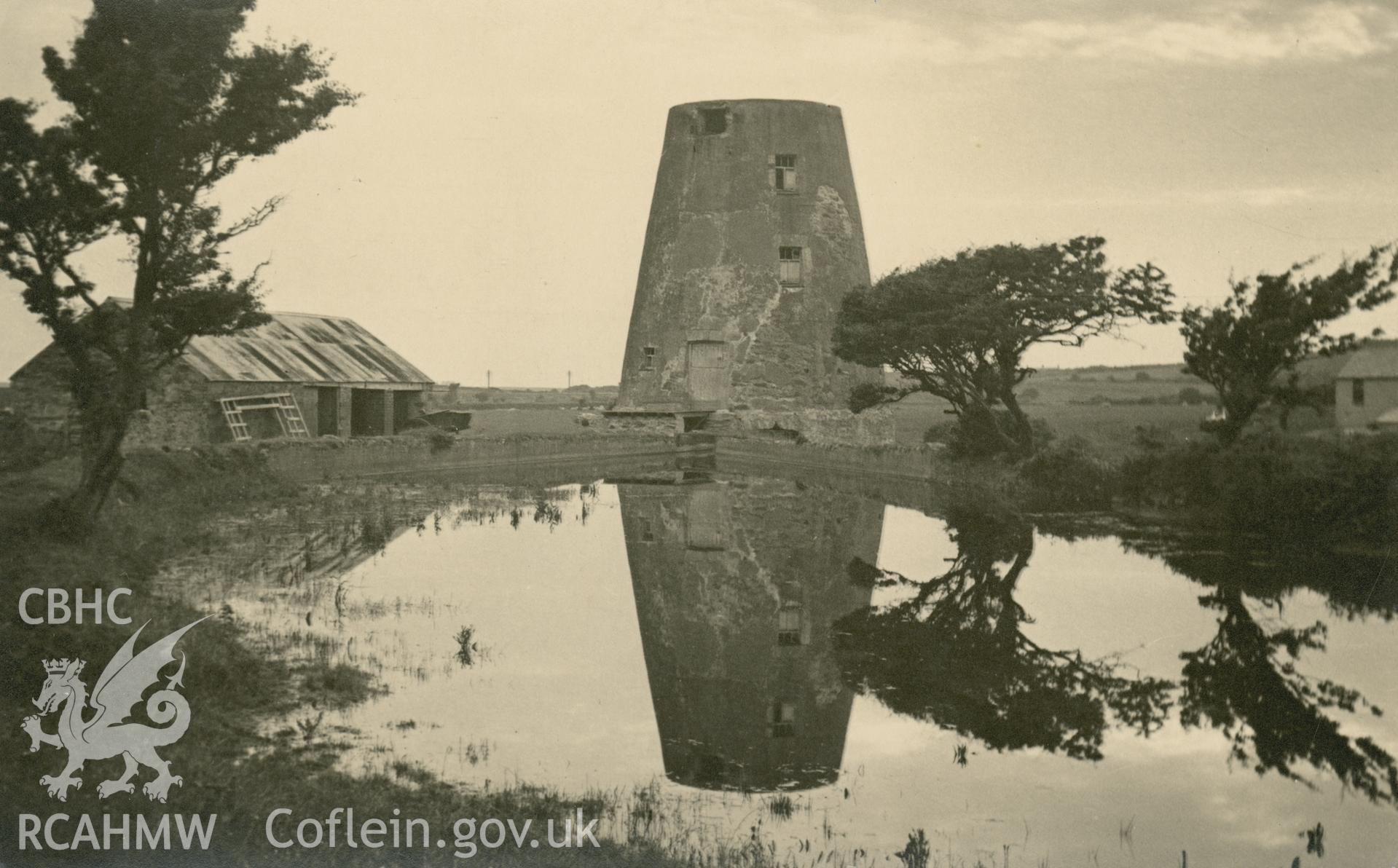 Digital copy of a photo from the Rex Wailes Collection showing view of Melin y Bont Windmill.