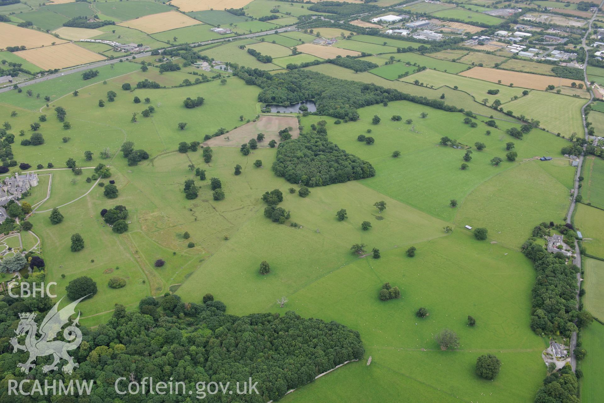 Bodelwyddan Castle, garden and park army practise trenches. Oblique aerial photograph taken during the Royal Commission's programme of archaeological aerial reconnaissance by Toby Driver on 30th July 2015.