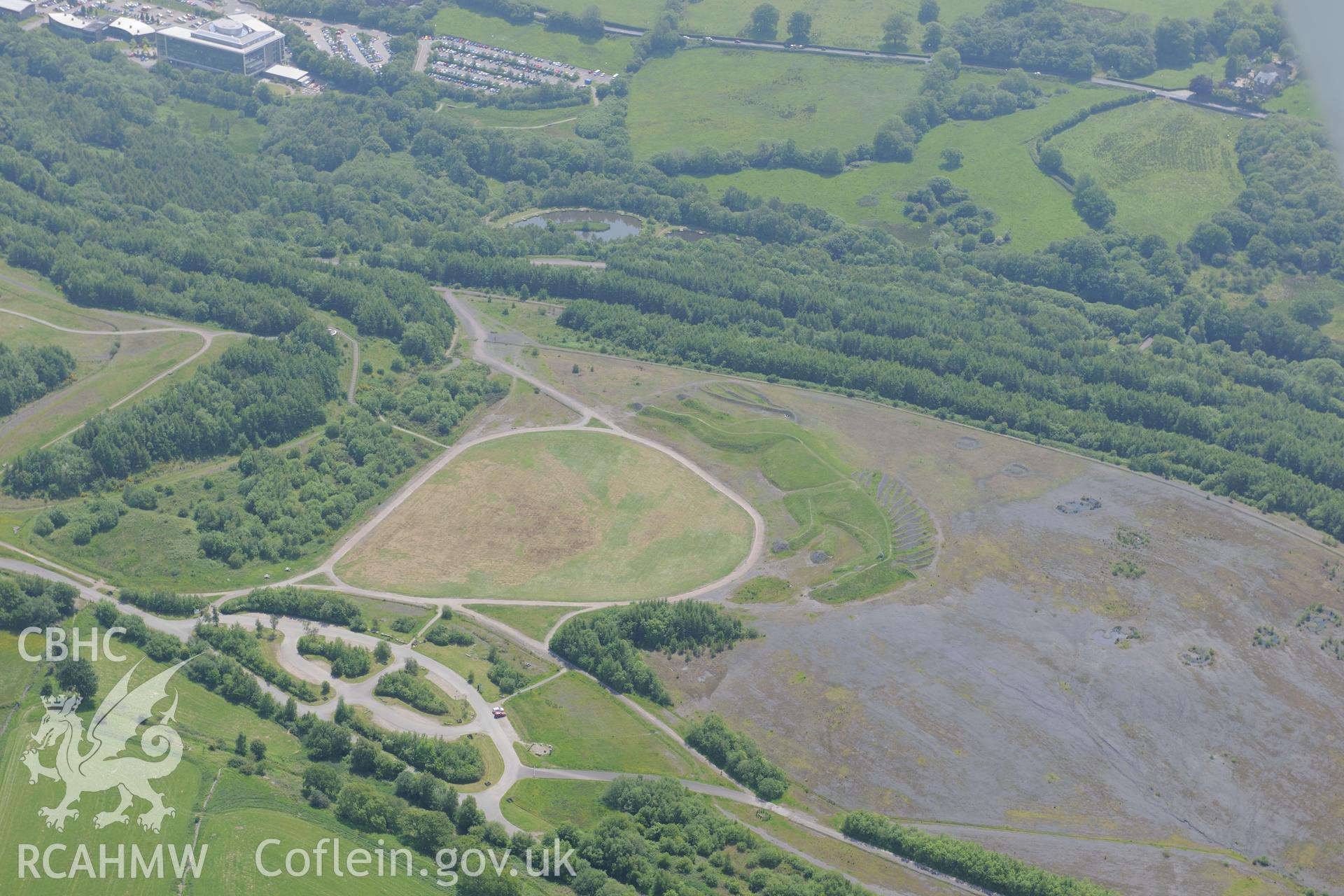 Pit pony sculpture ('Sultan the Pit Pony') at Penallta Community Park, near Ystrad Mynach. Oblique aerial photograph taken during the Royal Commission's programme of archaeological aerial reconnaissance by Toby Driver on 11th June 2015.